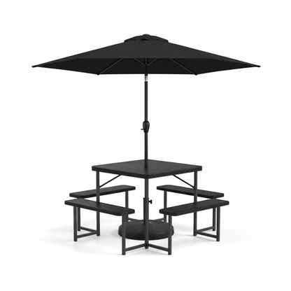 Outdoor Picnic Table Bench Set with Umbrella and Base for 4-8 People, Black Picnic Tables Black at Gallery Canada