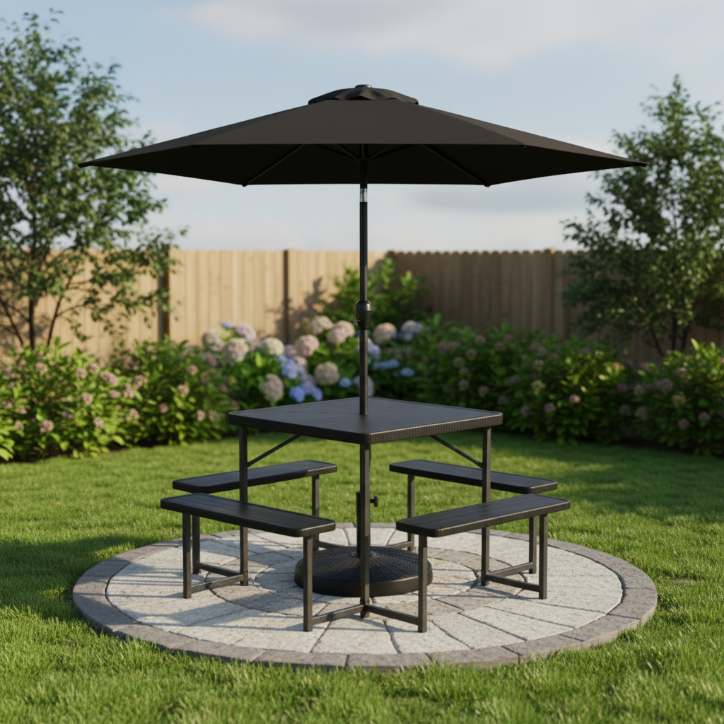 Outdoor Picnic Table Bench Set with Umbrella and Base for 4-8 People, Black Picnic Tables at Gallery Canada