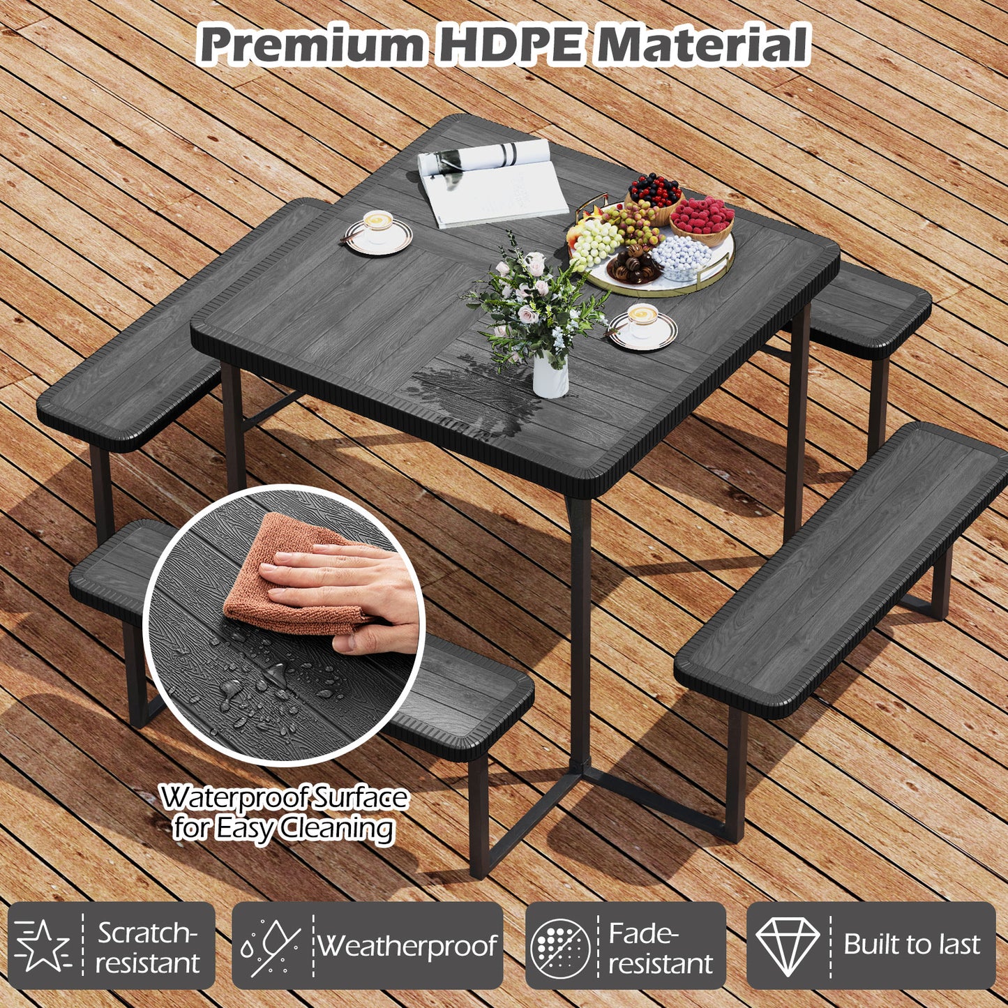 Outdoor Picnic Table Bench Set with Umbrella and Base for 4-8 People, Black Picnic Tables at Gallery Canada