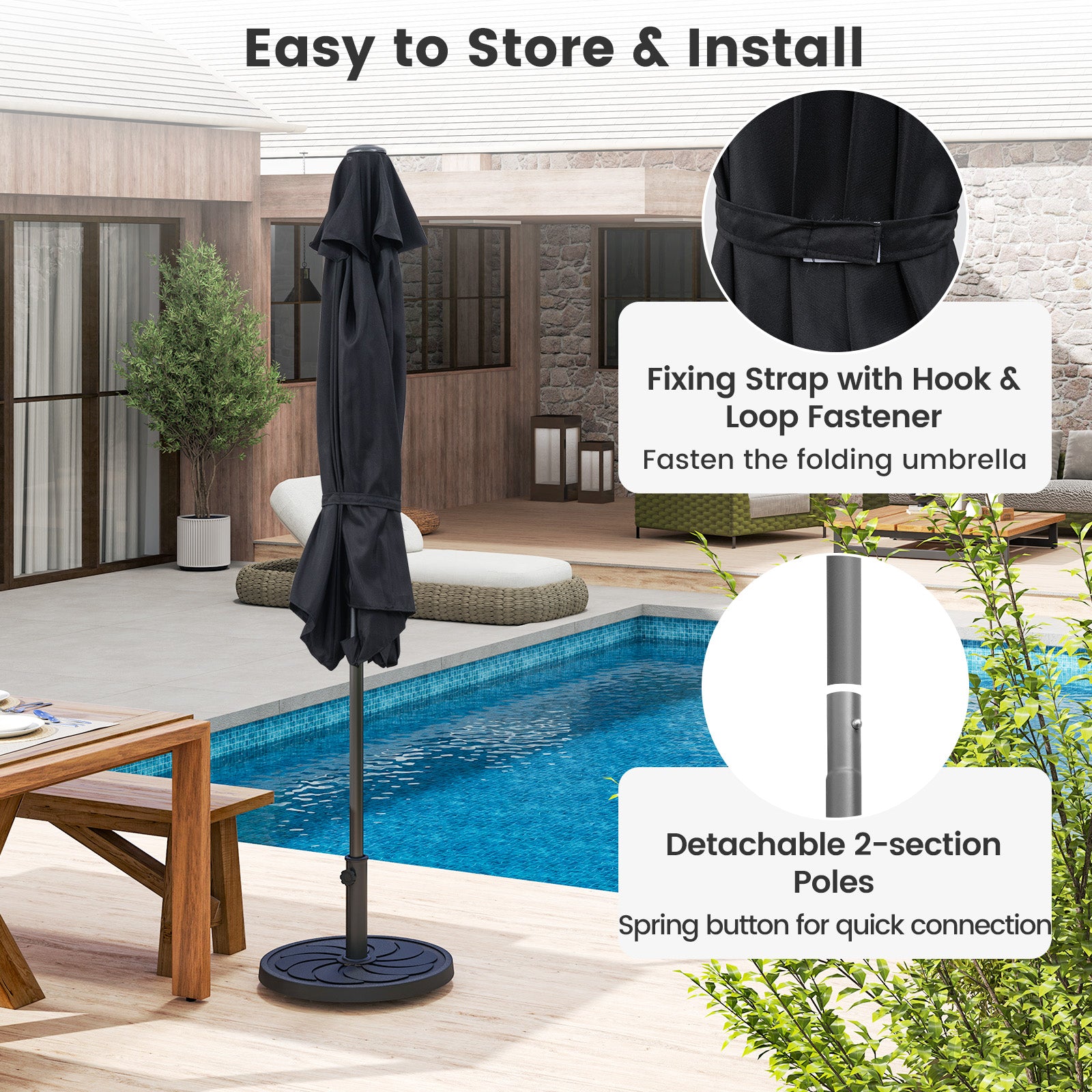 Outdoor Picnic Table Bench Set with Umbrella and Base for 4-8 People, Black Picnic Tables at Gallery Canada