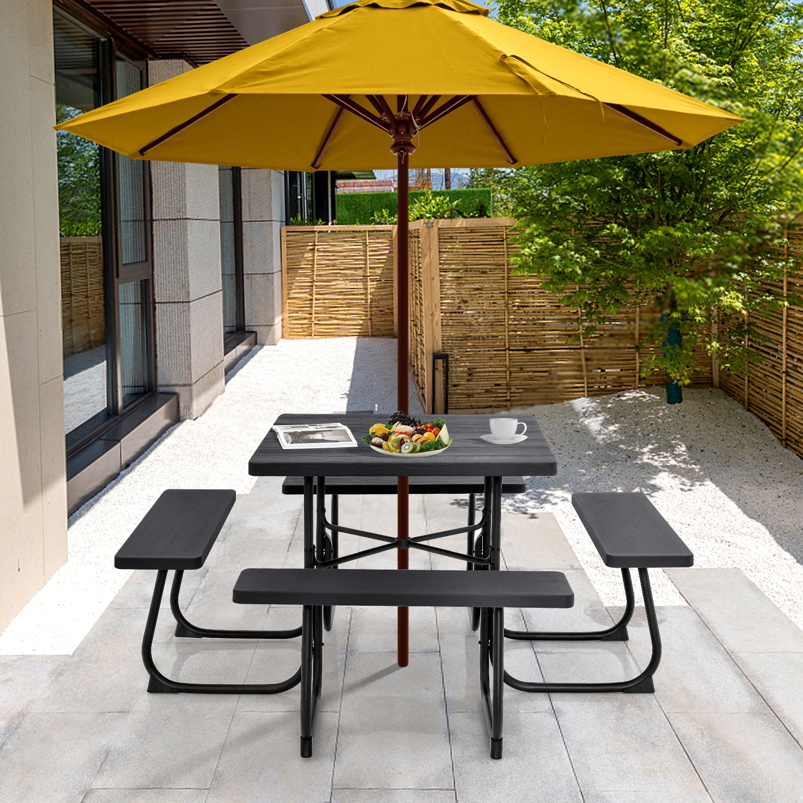 Outdoor Picnic Table With 4 Benches, Umbrella Hole, Brown Picnic Tables at Gallery Canada