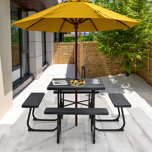 Outdoor Picnic Table With 4 Benches, Umbrella Hole, Brown