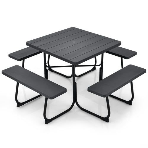 Outdoor Picnic Table With 4 Benches, Umbrella Hole, Brown
