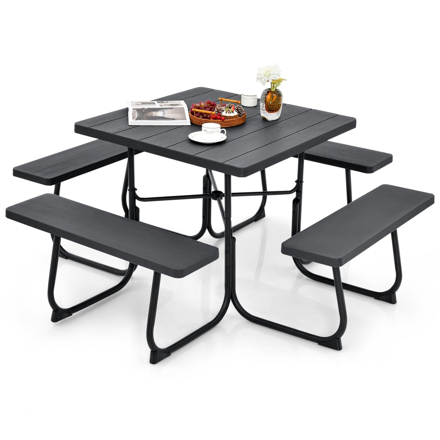 Outdoor Picnic Table With 4 Benches, Umbrella Hole, Black Picnic Tables Black at Gallery Canada