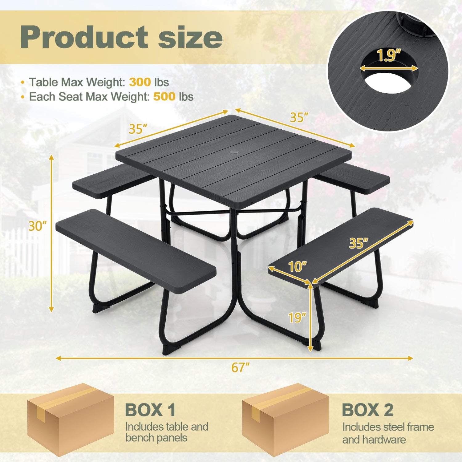 Outdoor Picnic Table With 4 Benches, Umbrella Hole, Black Picnic Tables at Gallery Canada