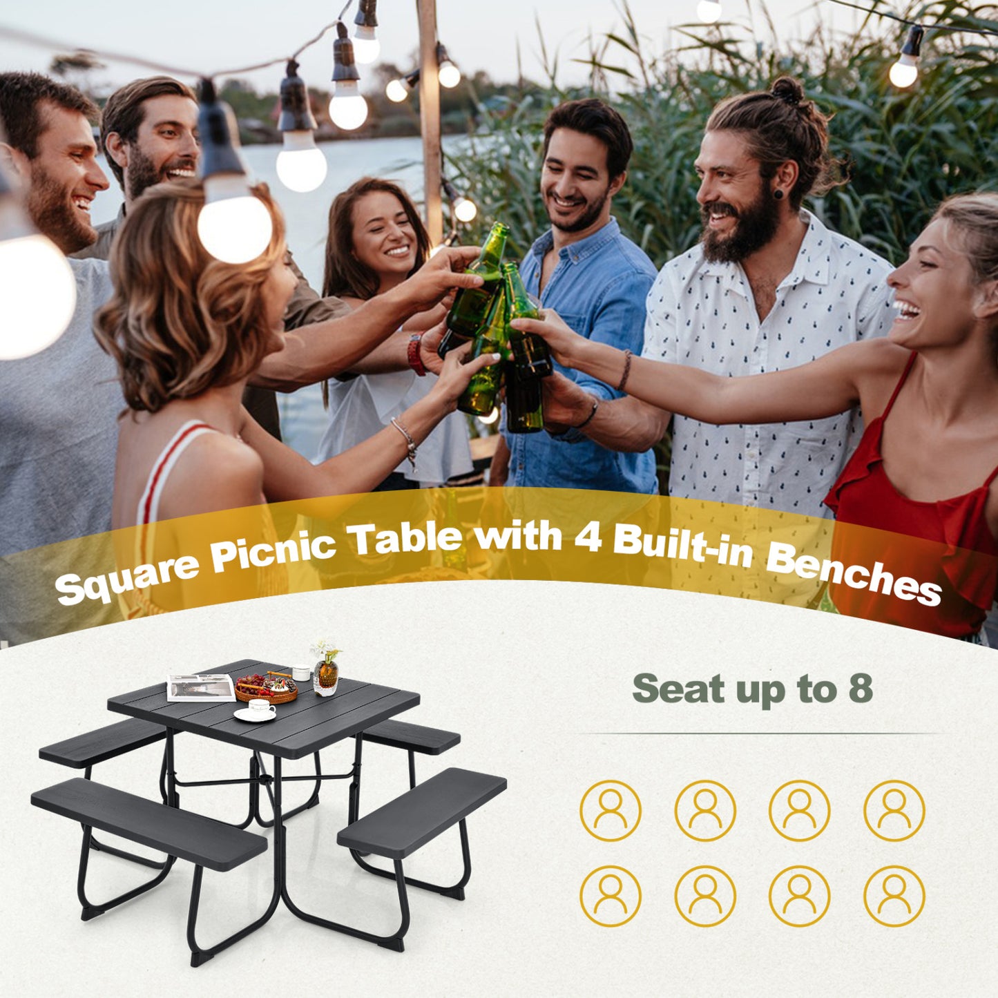 Outdoor Picnic Table With 4 Benches, Umbrella Hole, Black Picnic Tables at Gallery Canada