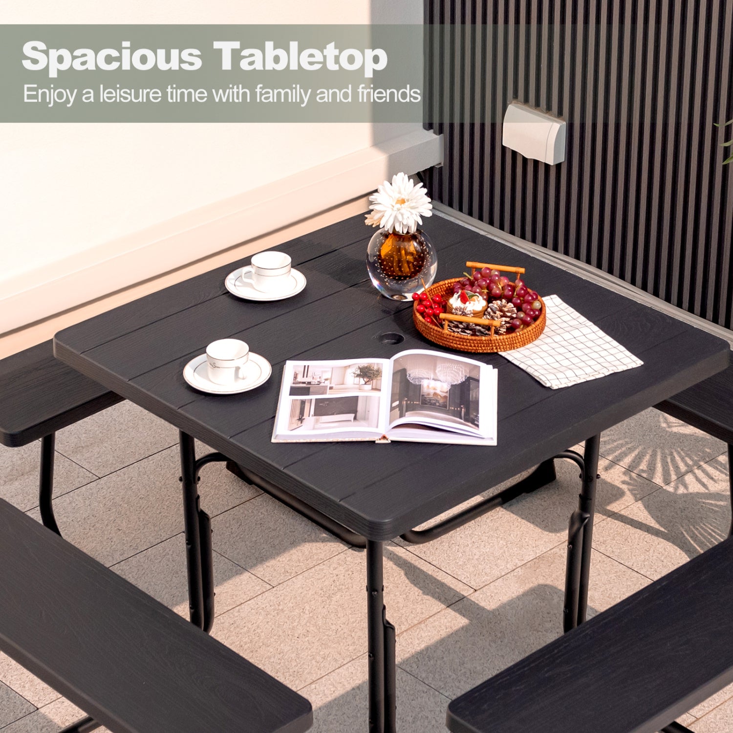 Outdoor Picnic Table With 4 Benches, Umbrella Hole, Black Picnic Tables at Gallery Canada