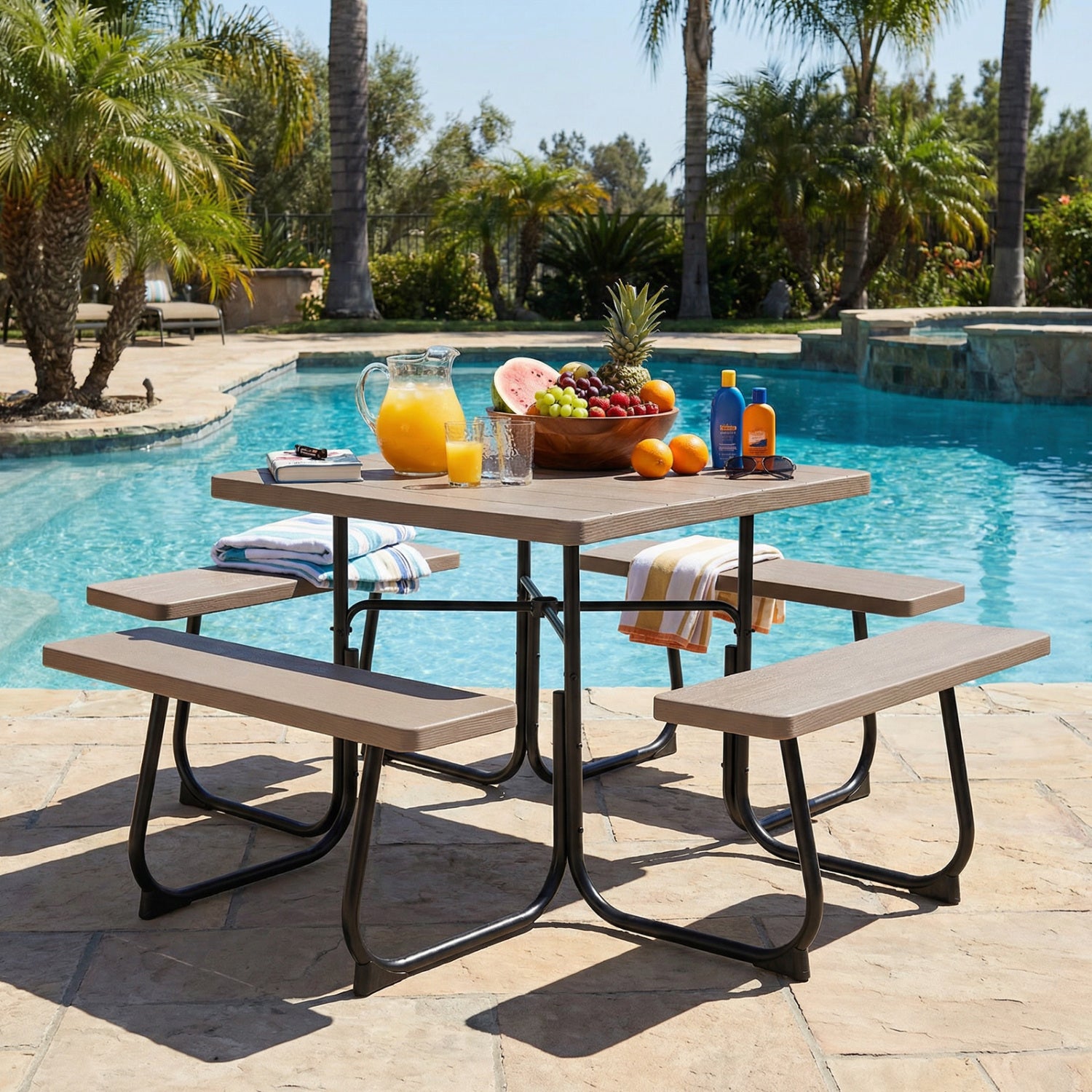 Outdoor Picnic Table With 4 Benches, Umbrella Hole, Brown Picnic Tables at Gallery Canada