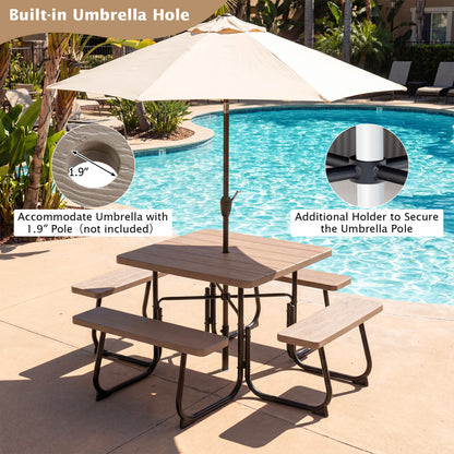 Outdoor Picnic Table With 4 Benches, Umbrella Hole, Brown Picnic Tables at Gallery Canada