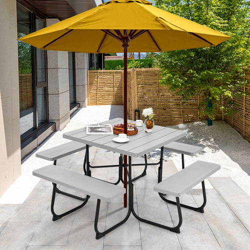 Outdoor Picnic Table With 4 Benches, Umbrella Hole, Gray