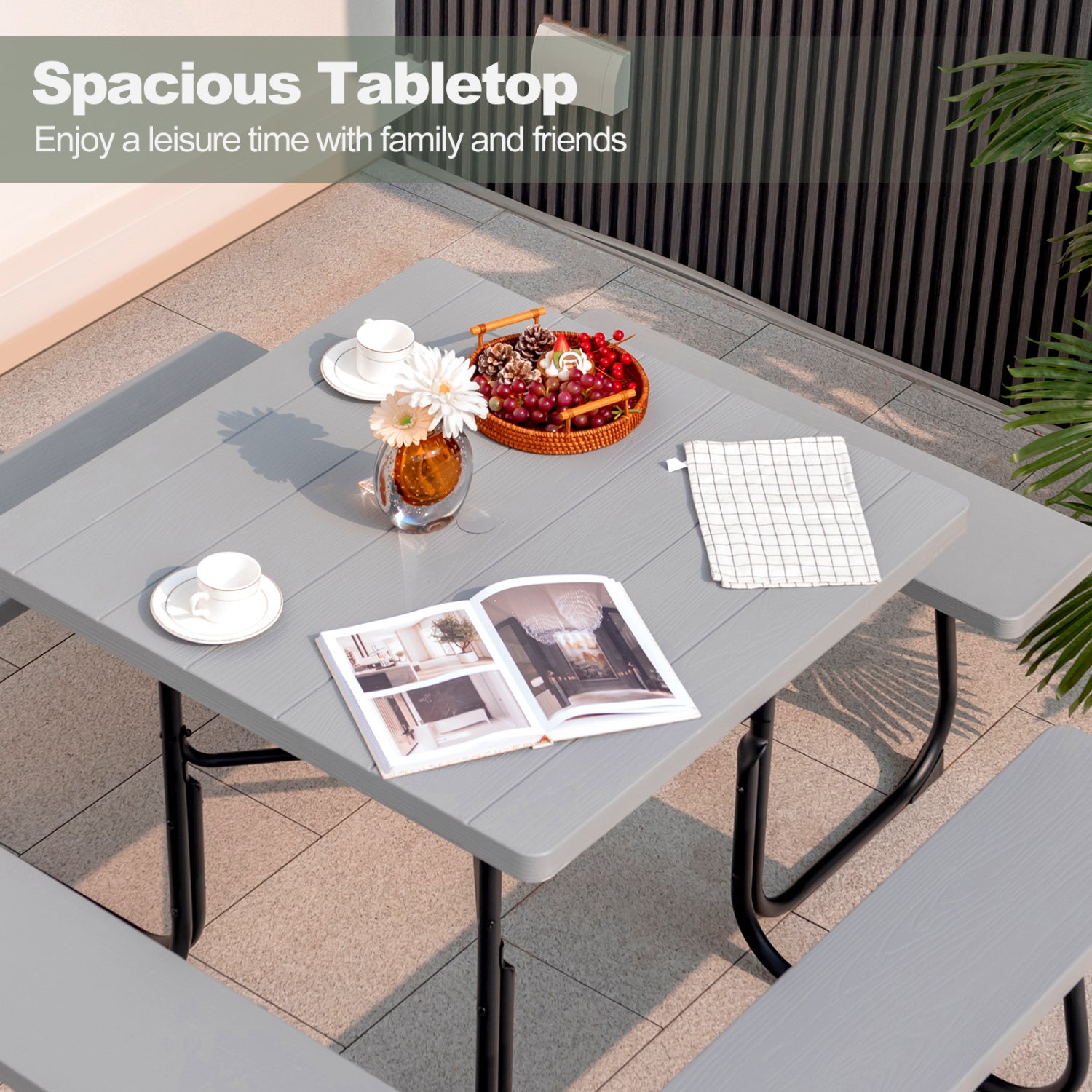 Outdoor Picnic Table With 4 Benches, Umbrella Hole, Gray Picnic Tables at Gallery Canada