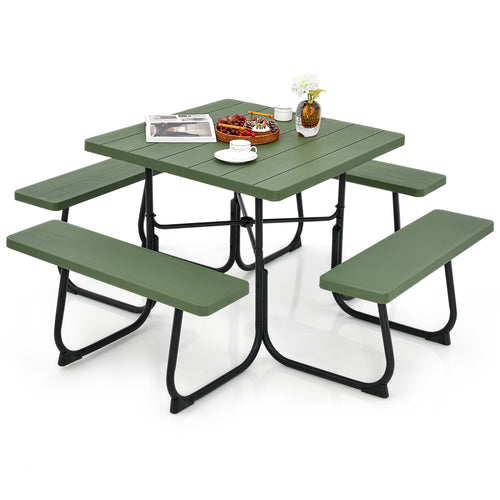 Outdoor Picnic Table With 4 Benches, Umbrella Hole, Green
