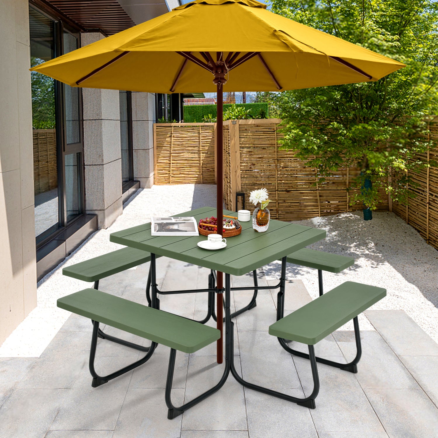 Outdoor Picnic Table With 4 Benches, Umbrella Hole, Green Picnic Tables at Gallery Canada