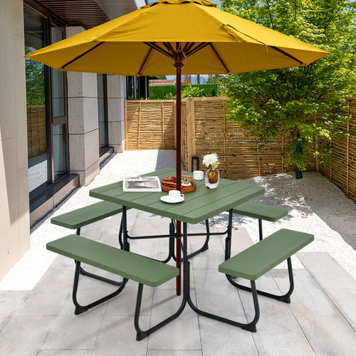 Outdoor Picnic Table With 4 Benches, Umbrella Hole, Green