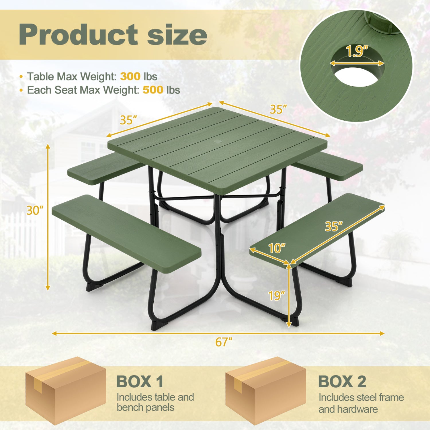 Outdoor Picnic Table With 4 Benches, Umbrella Hole, Green Picnic Tables at Gallery Canada