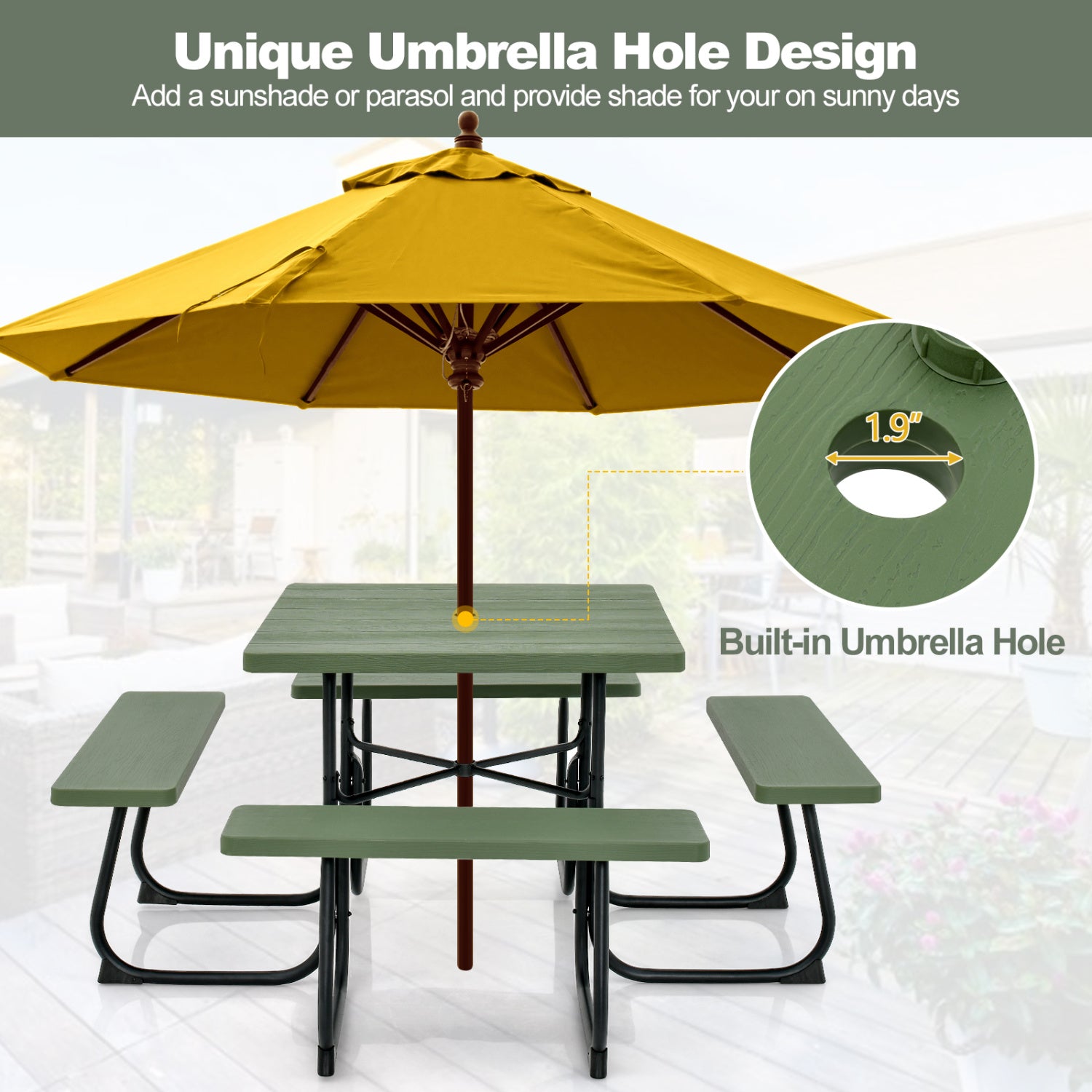 Outdoor Picnic Table With 4 Benches, Umbrella Hole, Green Picnic Tables at Gallery Canada