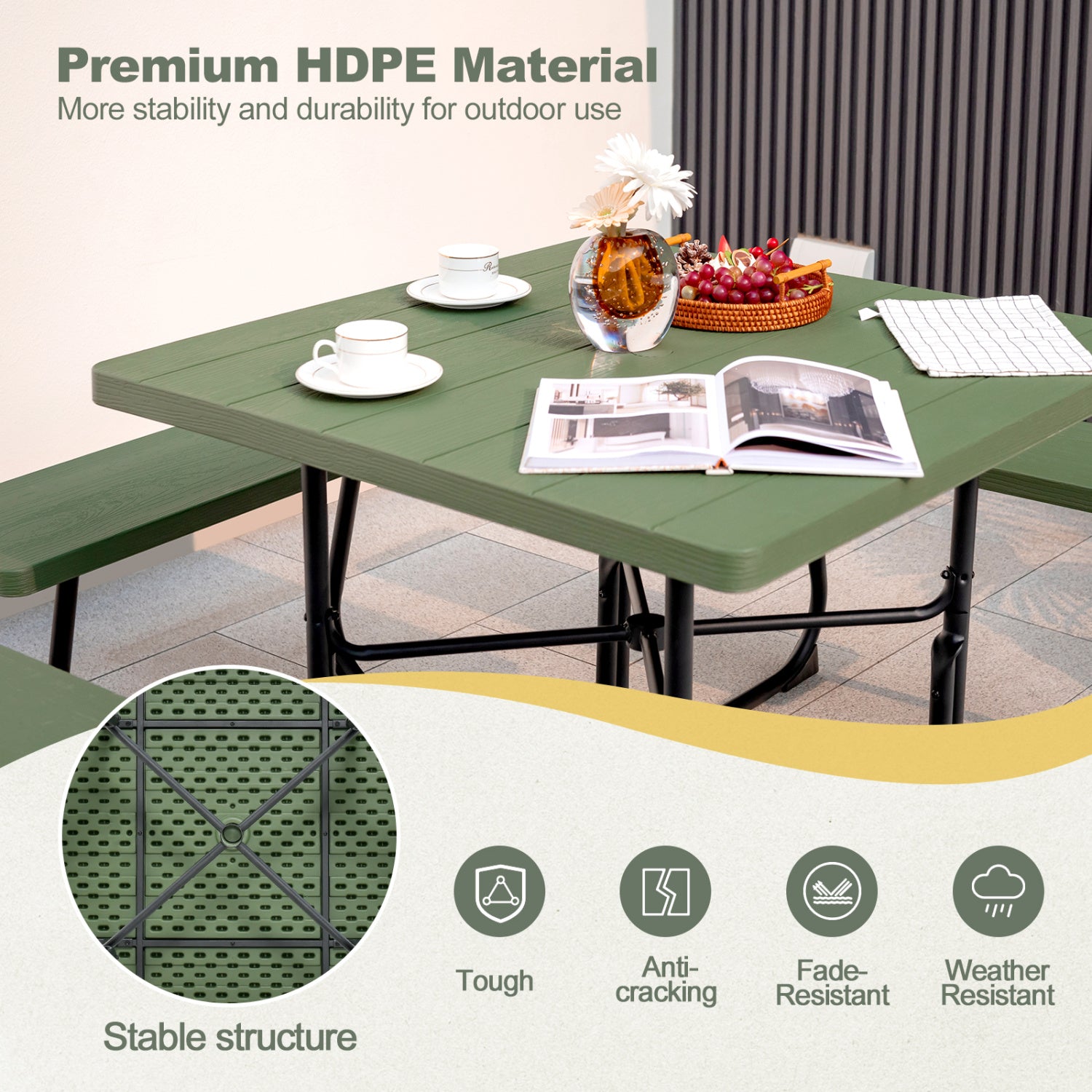 Outdoor Picnic Table With 4 Benches, Umbrella Hole, Green Picnic Tables at Gallery Canada
