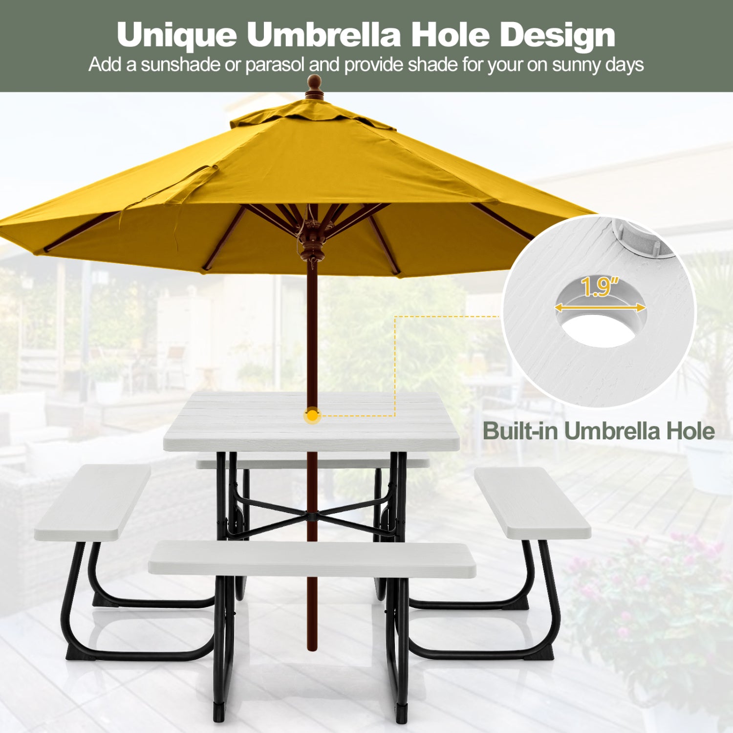 Outdoor Picnic Table With 4 Benches, Umbrella Hole, White Picnic Tables at Gallery Canada
