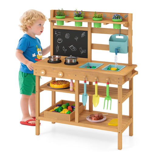 Outdoor Play Kitchen With Faucet, Removable Sinks, Natural