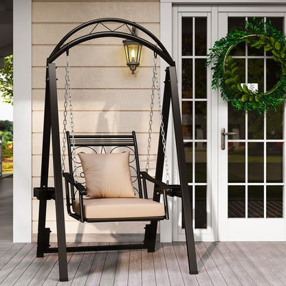Outdoor Porch Swing with Removable Cushions and Side Tables for Garden Balcony, Black Porch Swings at Gallery Canada