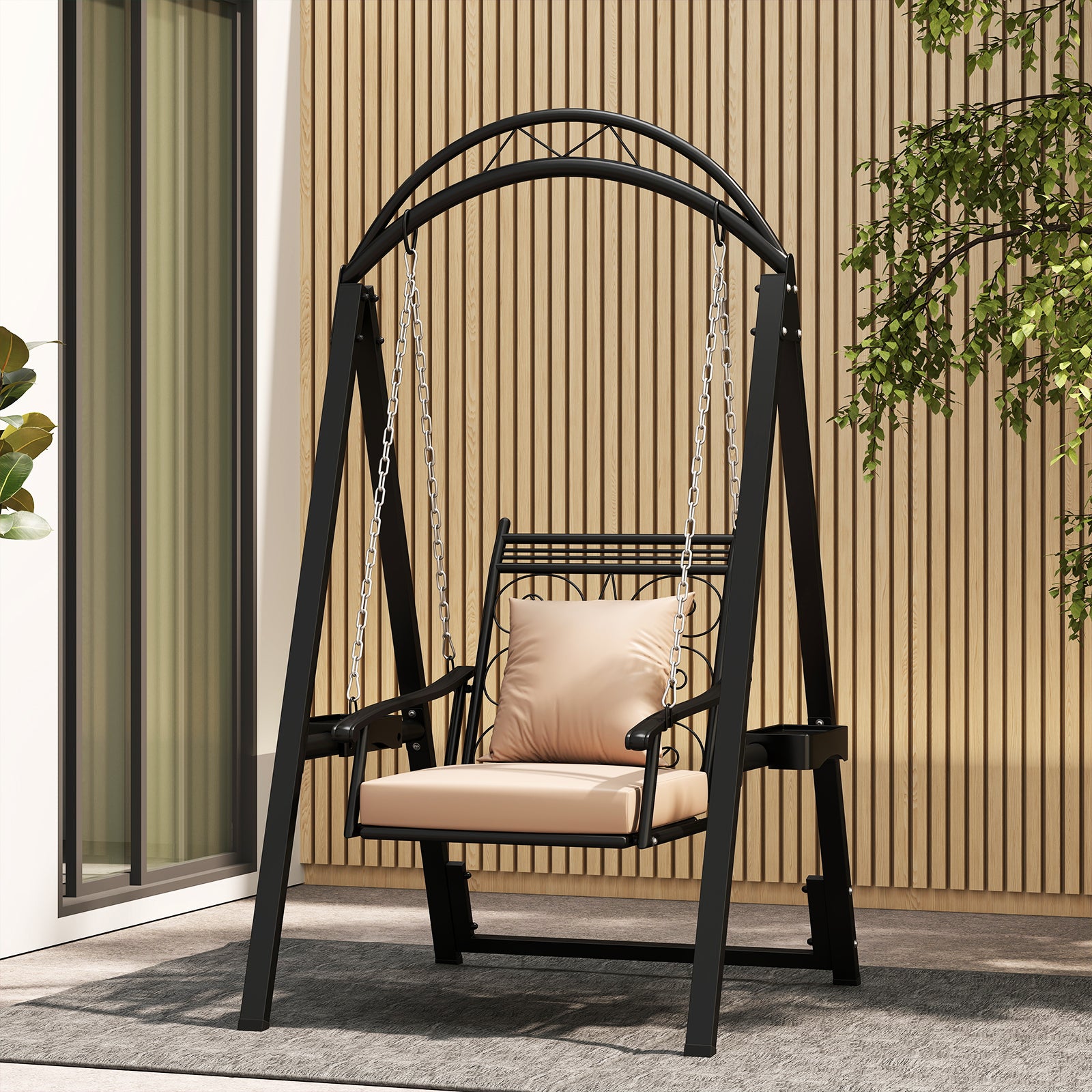 Outdoor Porch Swing with Removable Cushions and Side Tables for Garden Balcony, Black Porch Swings at Gallery Canada
