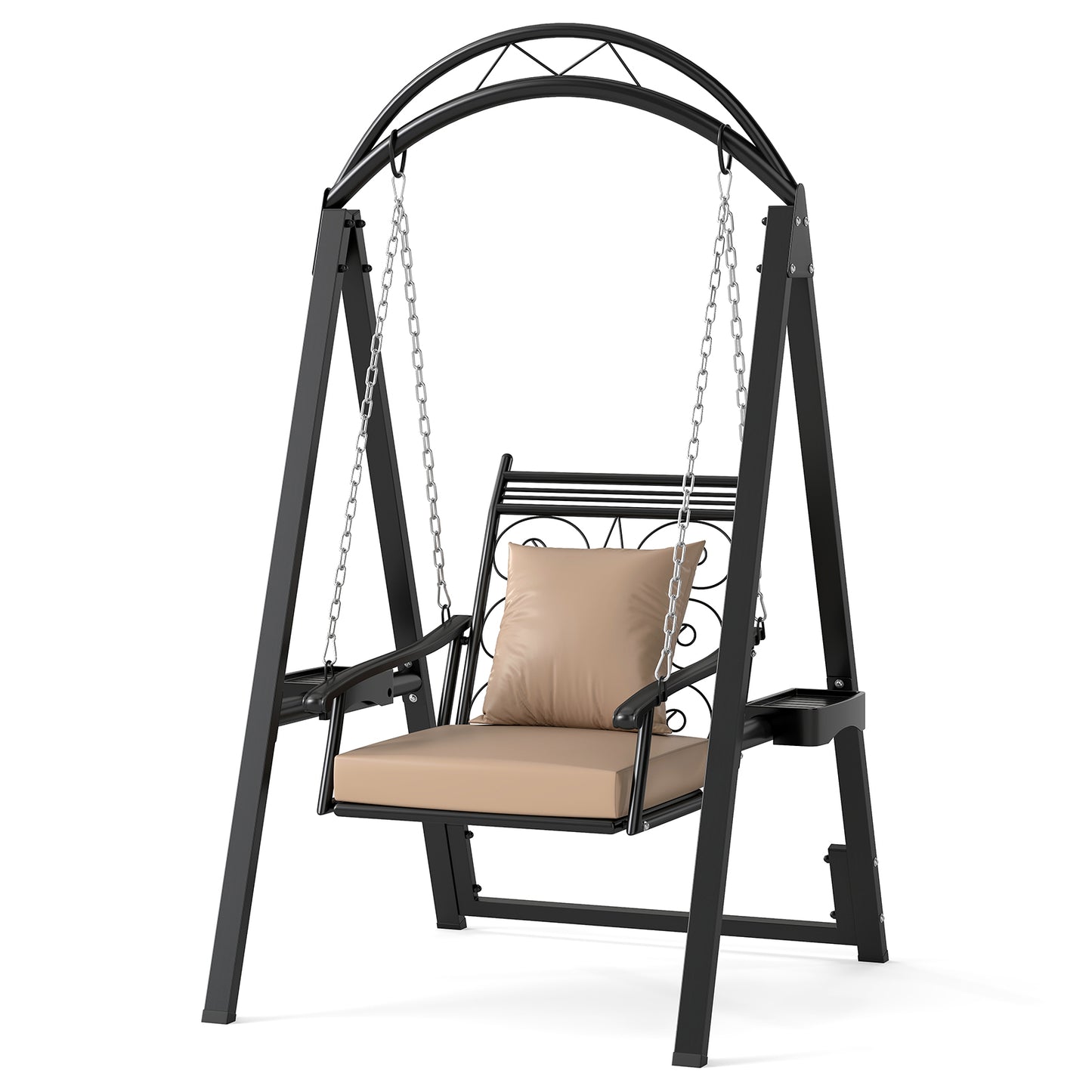 Outdoor Porch Swing with Removable Cushions and Side Tables for Garden Balcony, Black Porch Swings at Gallery Canada