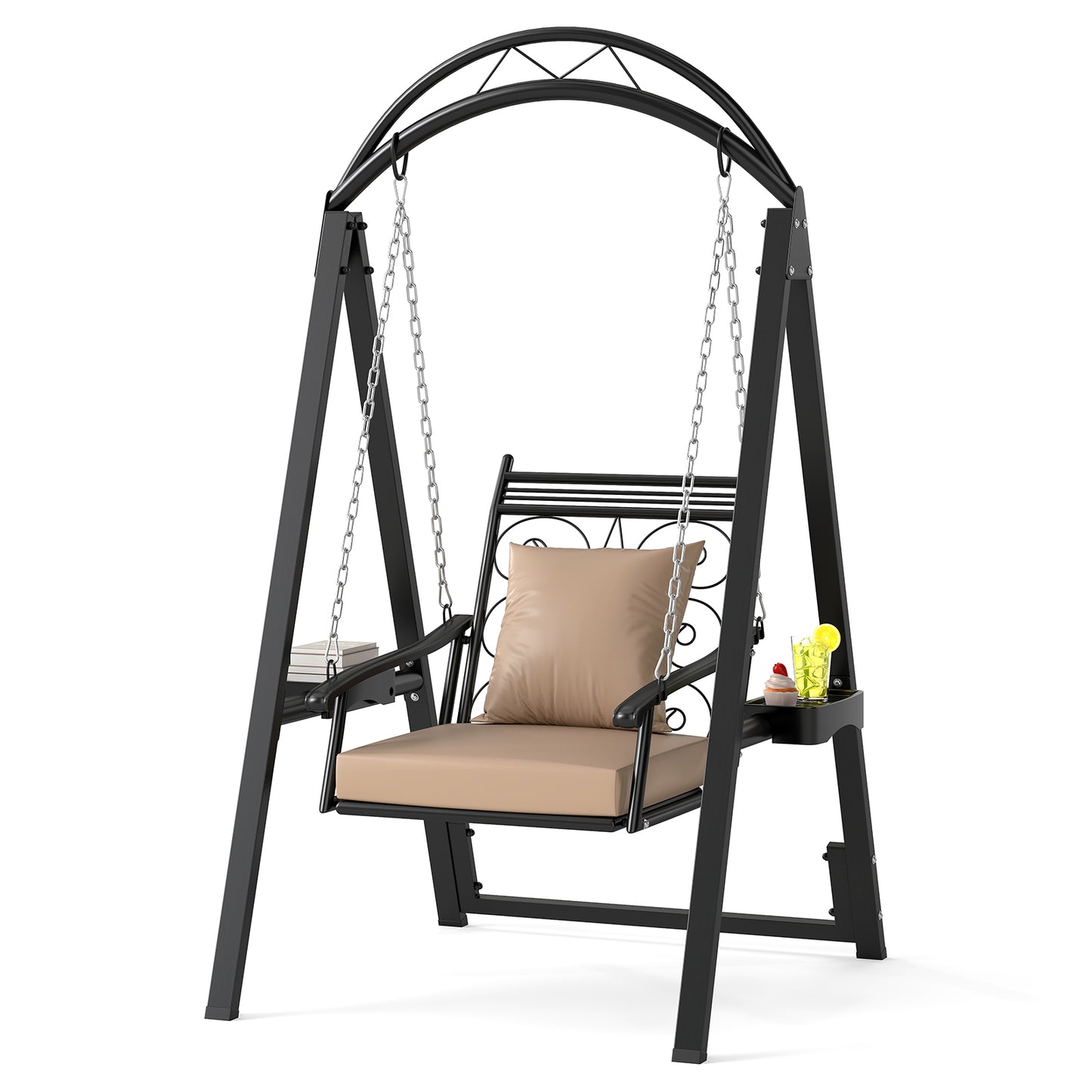 Outdoor Porch Swing with Removable Cushions and Side Tables for Garden Balcony, Black Porch Swings at Gallery Canada