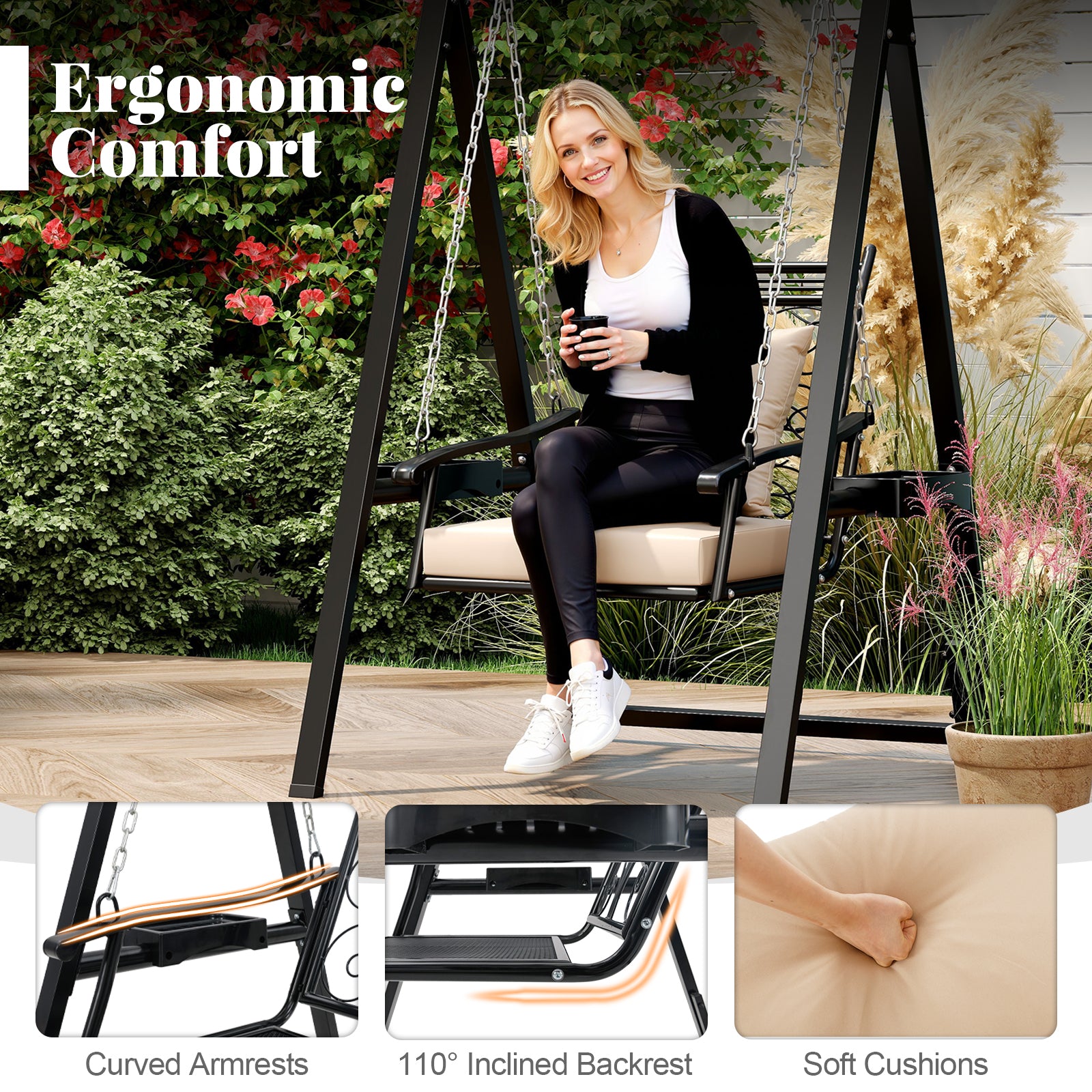 Outdoor Porch Swing with Removable Cushions and Side Tables for Garden Balcony, Black Porch Swings at Gallery Canada