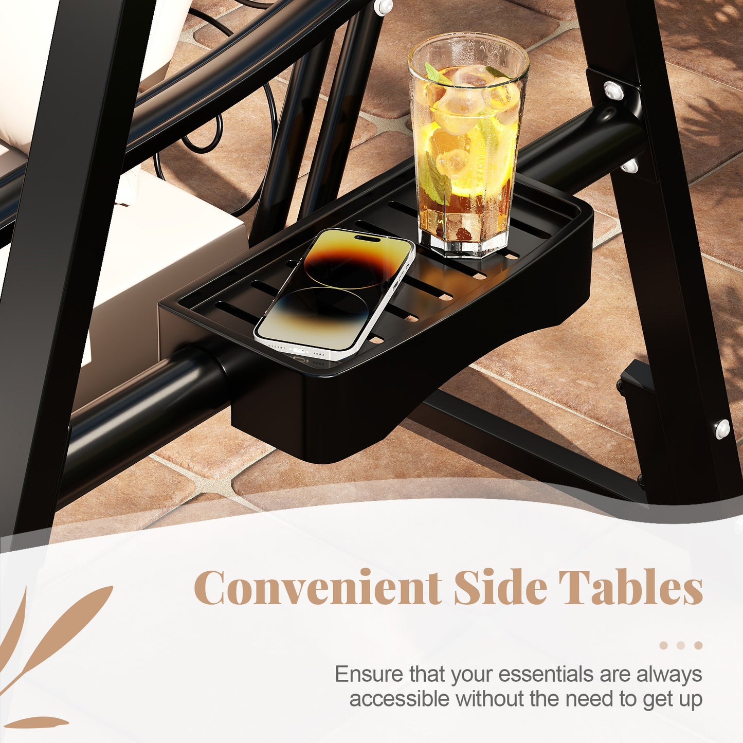 Outdoor Porch Swing with Removable Cushions and Side Tables for Garden Balcony, Black Porch Swings at Gallery Canada