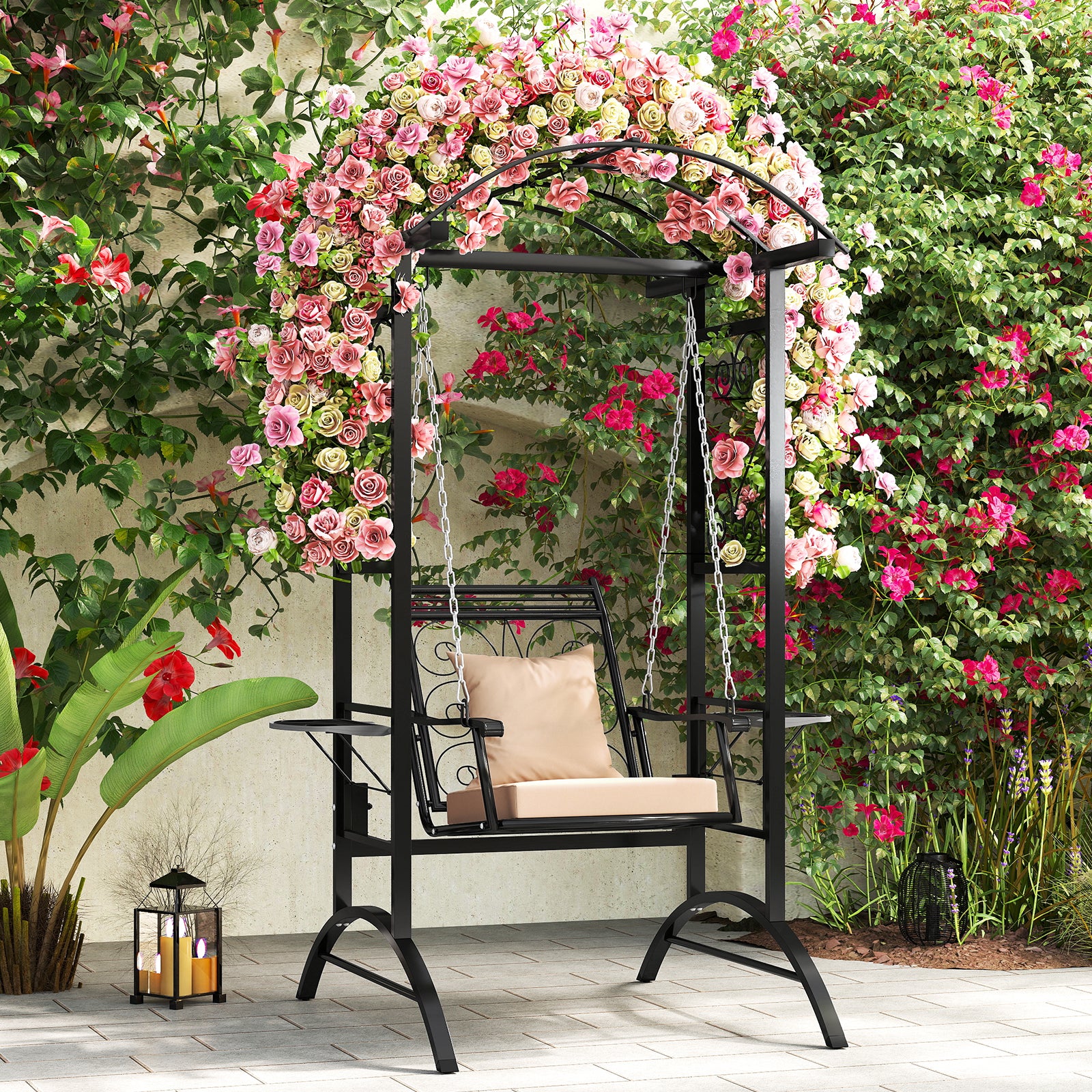 Outdoor Porch Swing with Stand and 2 Trellises for Adults, Black Porch Swings at Gallery Canada
