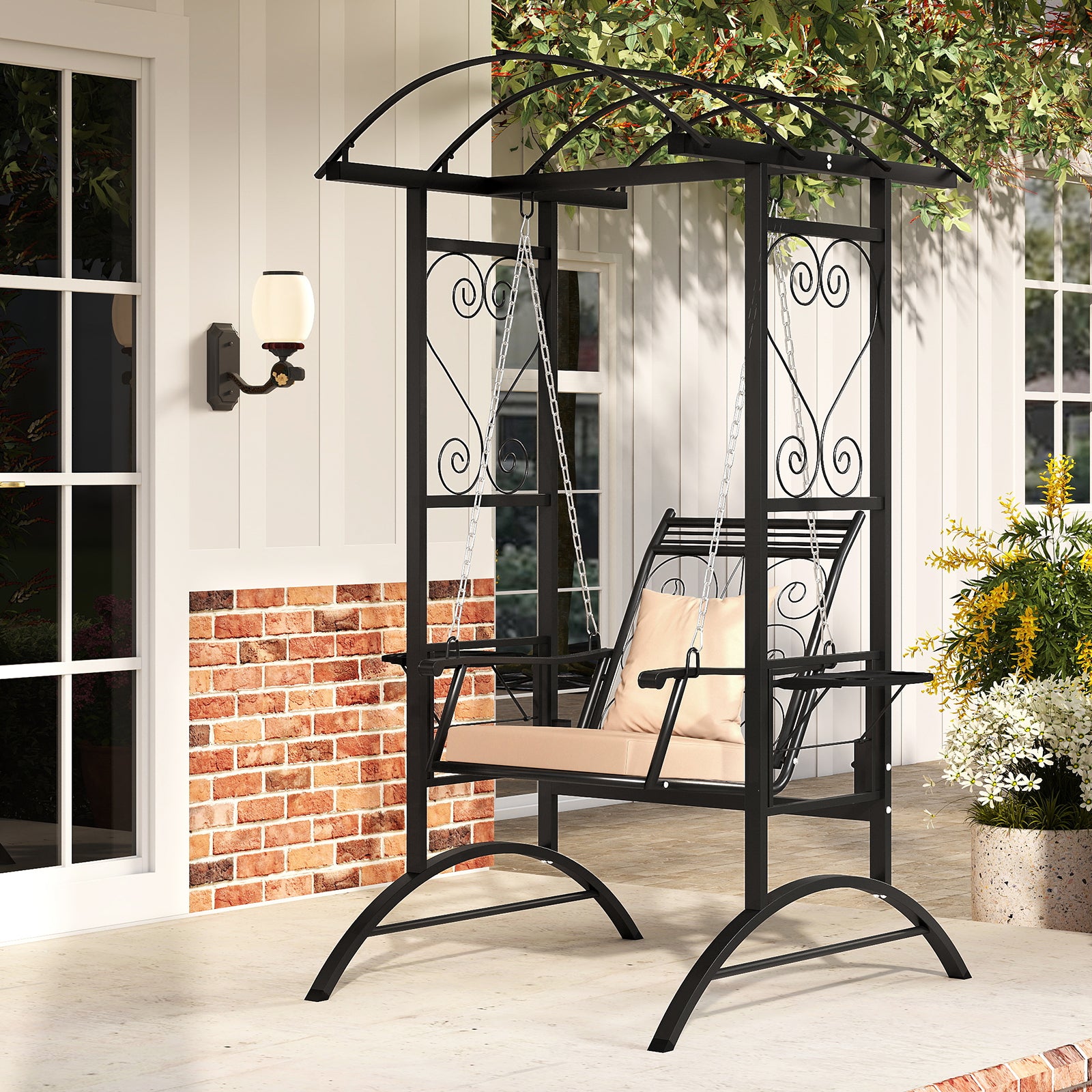 Outdoor Porch Swing with Stand and 2 Trellises for Adults, Black Porch Swings at Gallery Canada