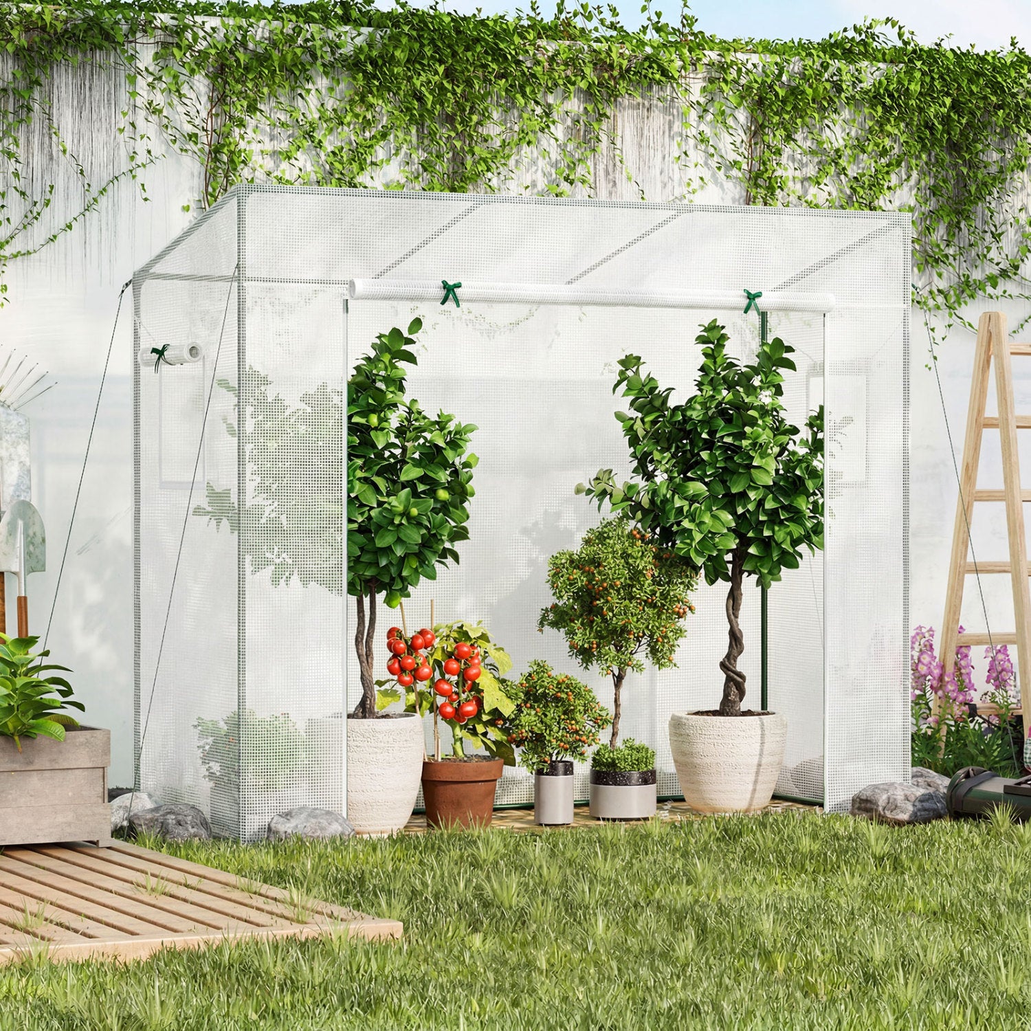 Outdoor Walk-in Greenhouse, PE Cover, Roll-up Zipper Door, White Greenhouses at Gallery Canada