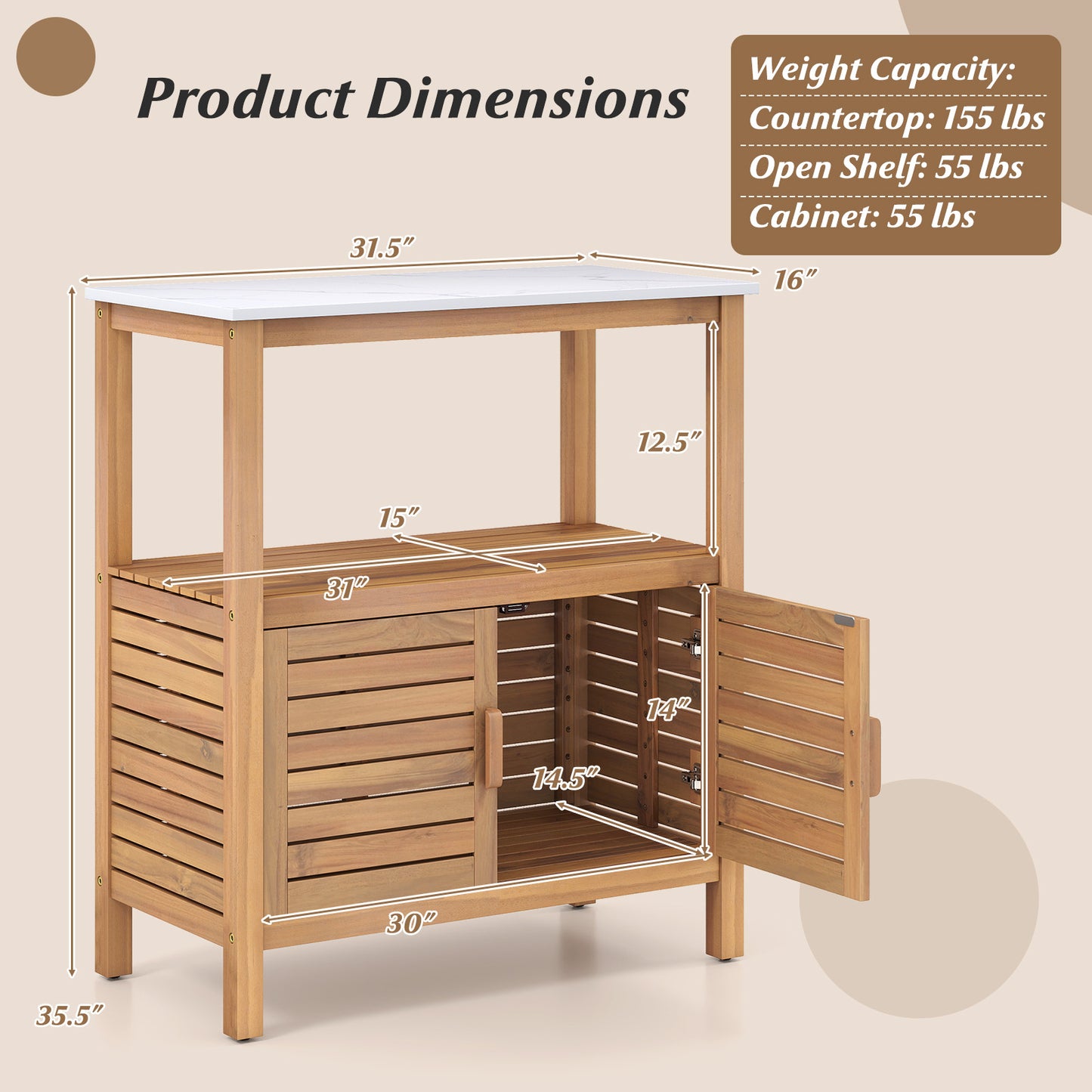 Table de rempotage en bois d'acacia, portes à persiennes, naturel