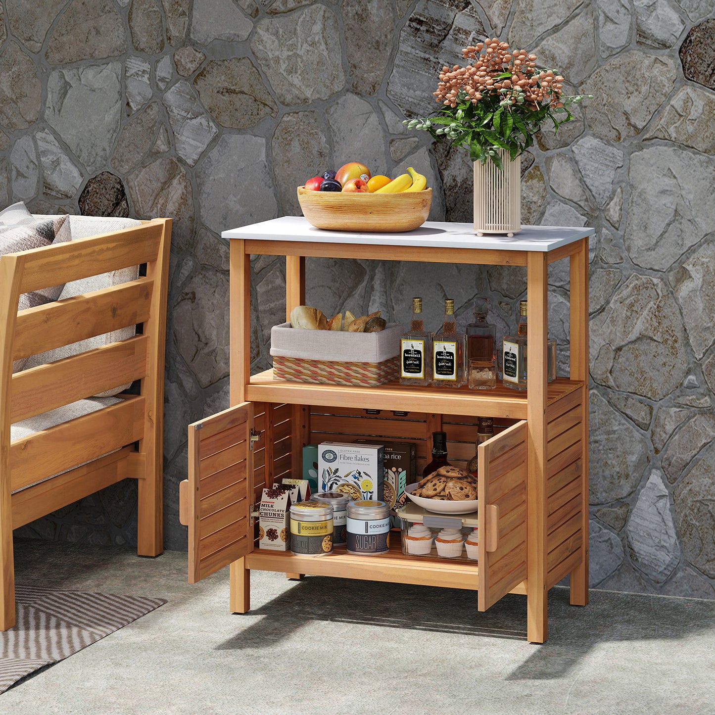 Table de rempotage en bois d'acacia, portes à persiennes, naturel