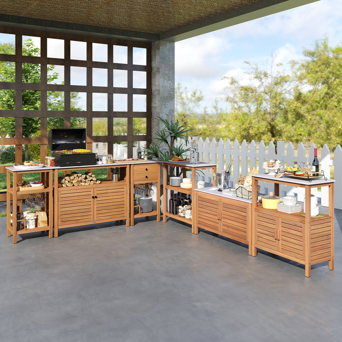 Table de rempotage en bois d'acacia, portes à persiennes, naturel