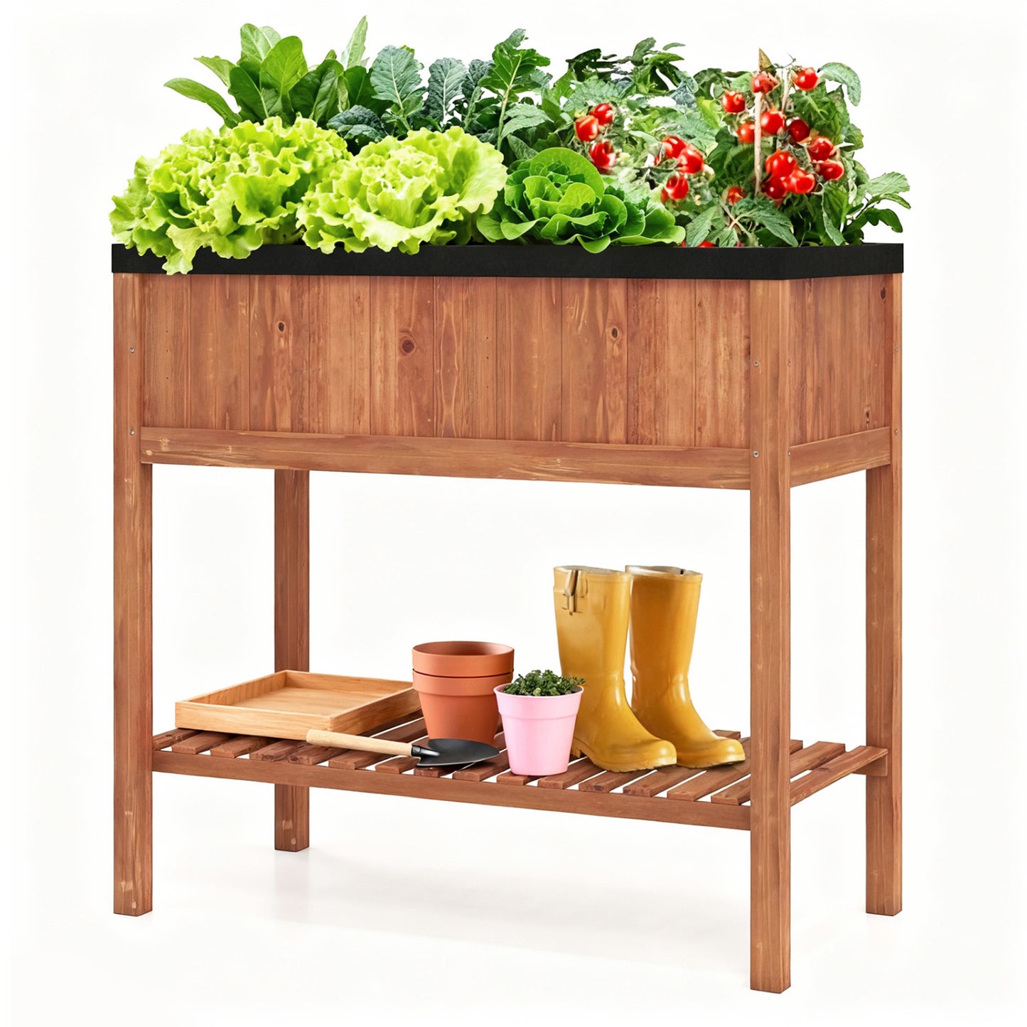 Outdoor Raised Garden Bed, Fir Wood Planter Box With Storage Shelf, Brown Raised Garden Beds at Gallery Canada