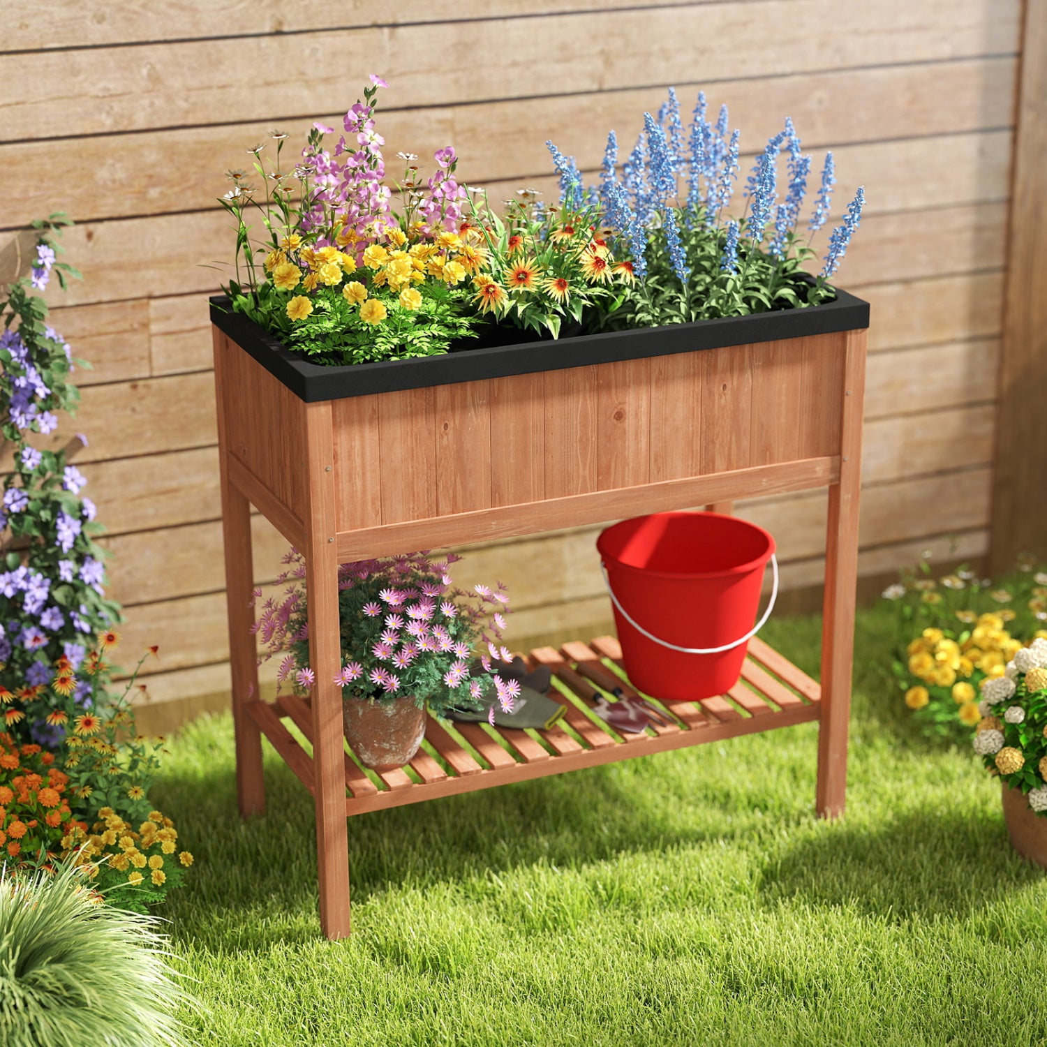 Outdoor Raised Garden Bed, Fir Wood Planter Box With Storage Shelf, Brown Raised Garden Beds at Gallery Canada