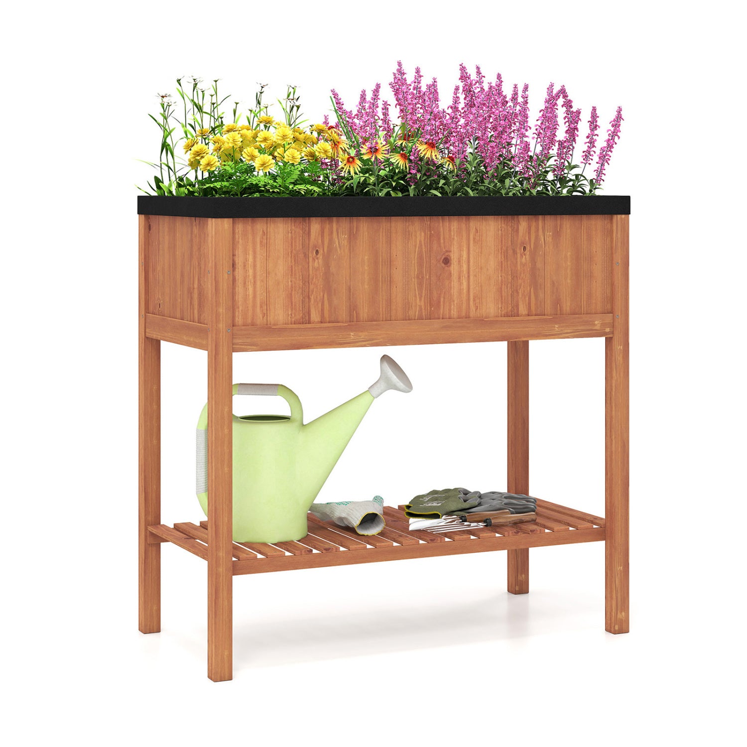 Outdoor Raised Garden Bed, Fir Wood Planter Box With Storage Shelf, Brown Raised Garden Beds Brown at Gallery Canada