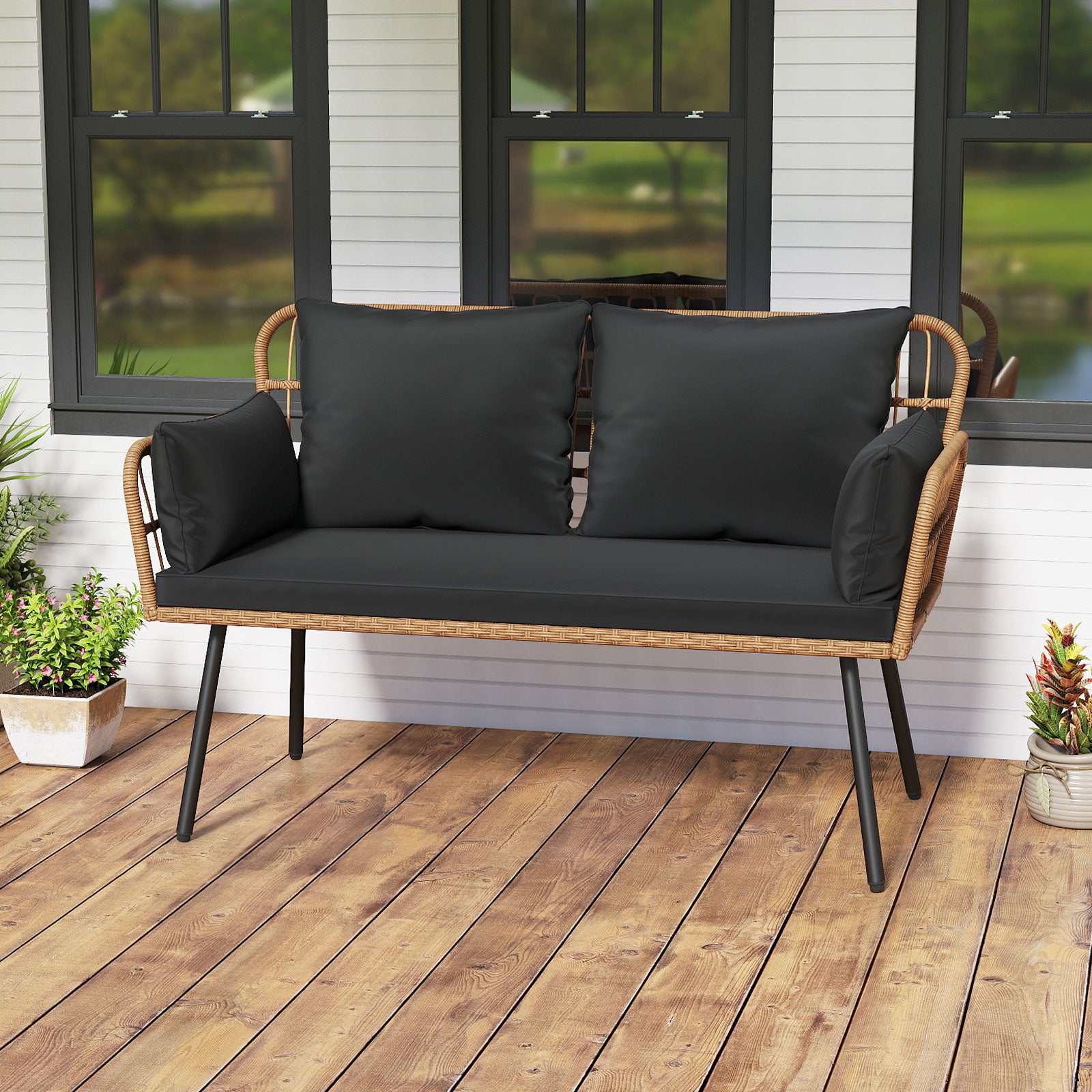 Outdoor Rattan 2-Seat Chair with Seat Back Cushions and Heavy-Duty Metal Legs, Black Outdoor Chaise Lounges at Gallery Canada