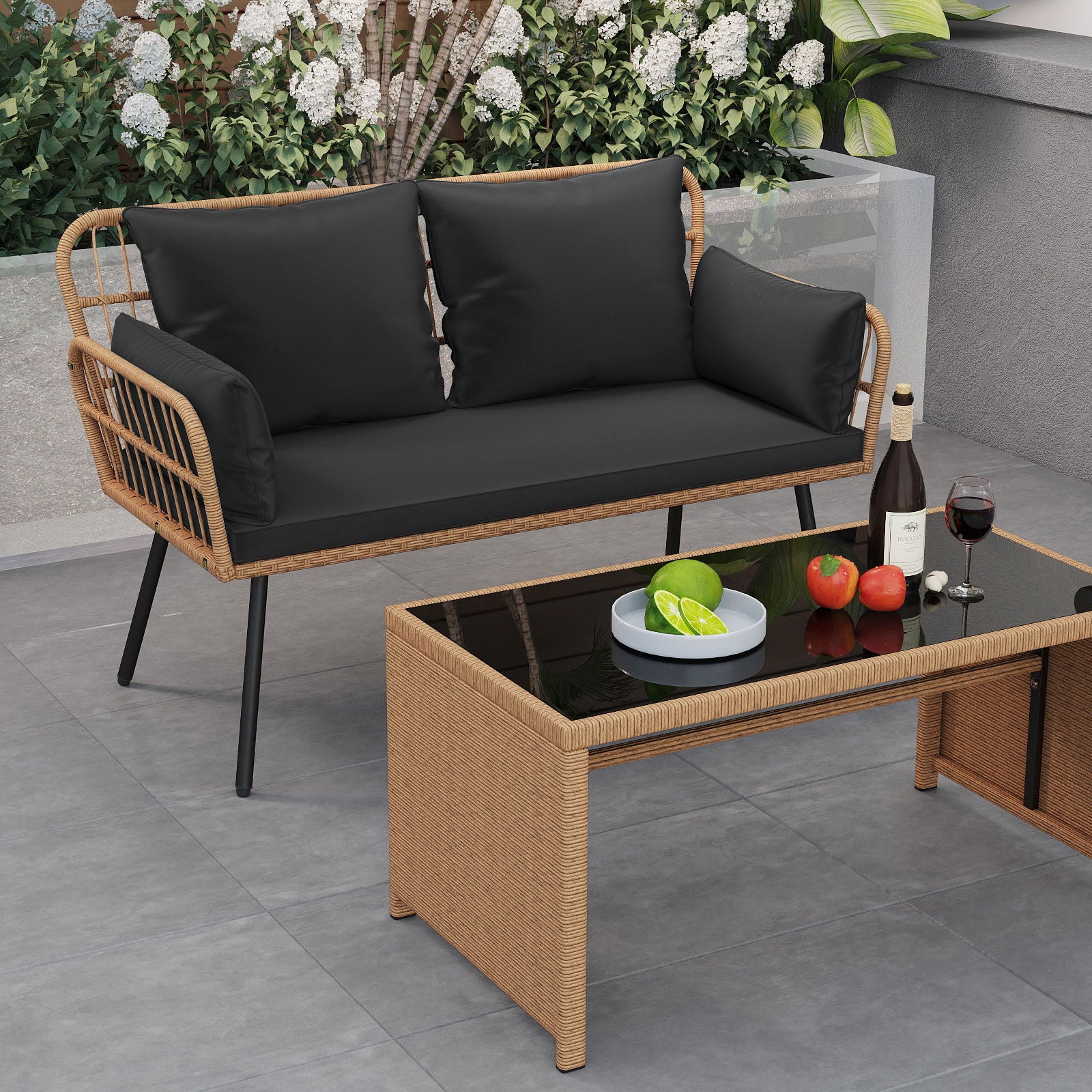 Outdoor Rattan 2-Seat Chair with Seat Back Cushions and Heavy-Duty Metal Legs, Black Outdoor Chaise Lounges at Gallery Canada