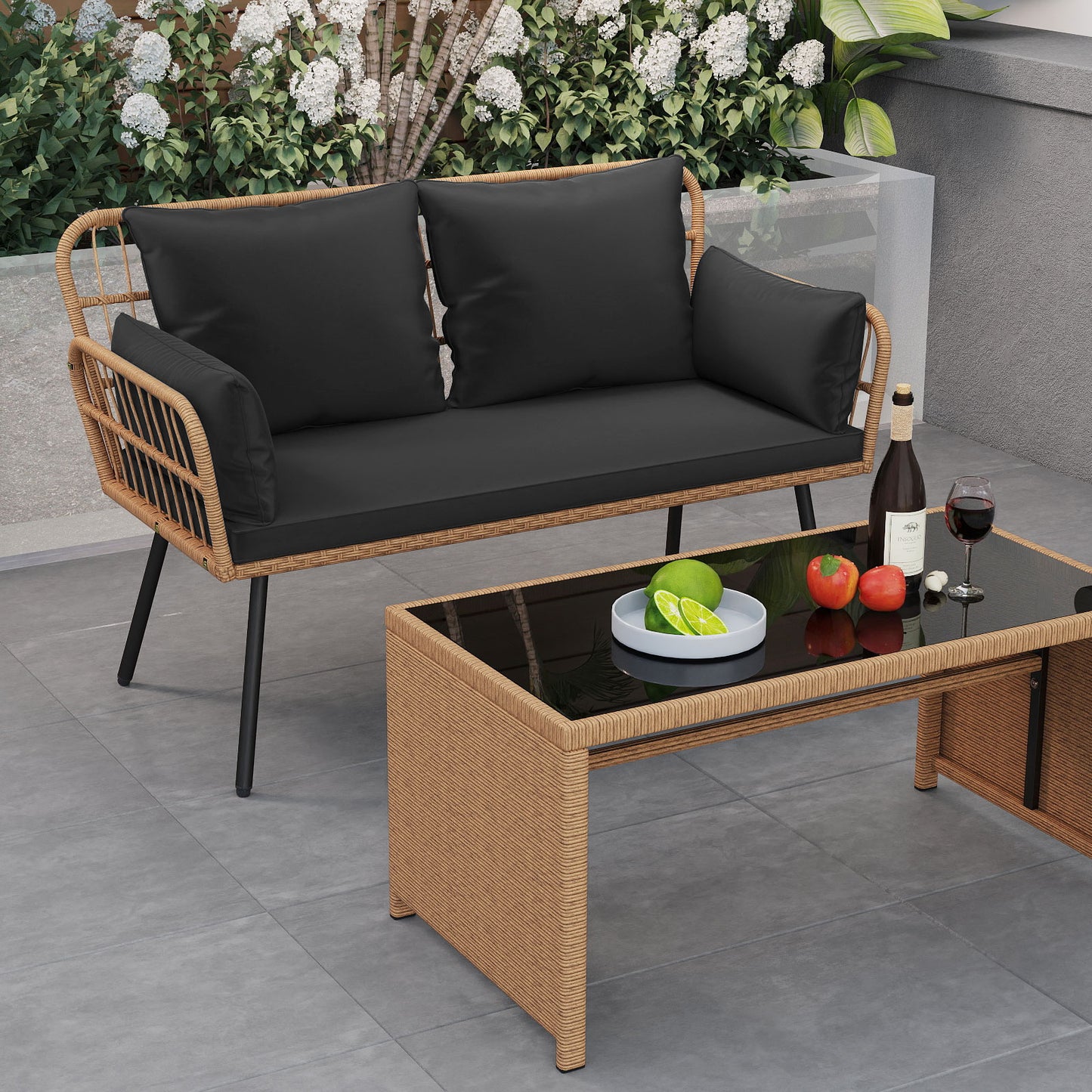 Outdoor Rattan 2-Seat Chair with Seat Back Cushions and Heavy-Duty Metal Legs, Black Outdoor Chaise Lounges at Gallery Canada