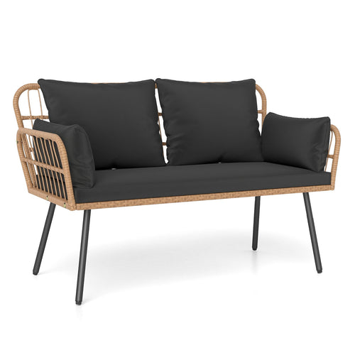 Outdoor Rattan 2-Seat Chair with Seat Back Cushions and Heavy-Duty Metal Legs, Black