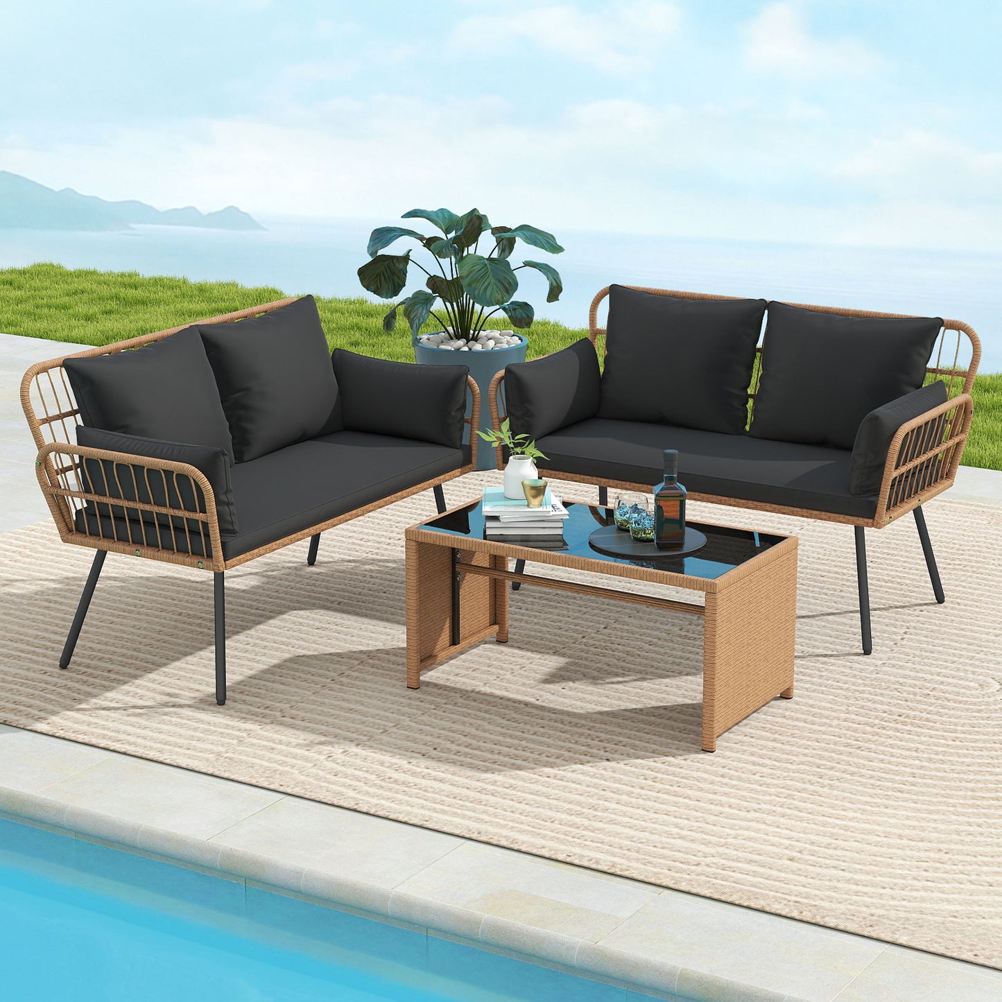 Outdoor Rattan 2-Seat Chair with Seat Back Cushions and Heavy-Duty Metal Legs, Black Outdoor Chaise Lounges at Gallery Canada