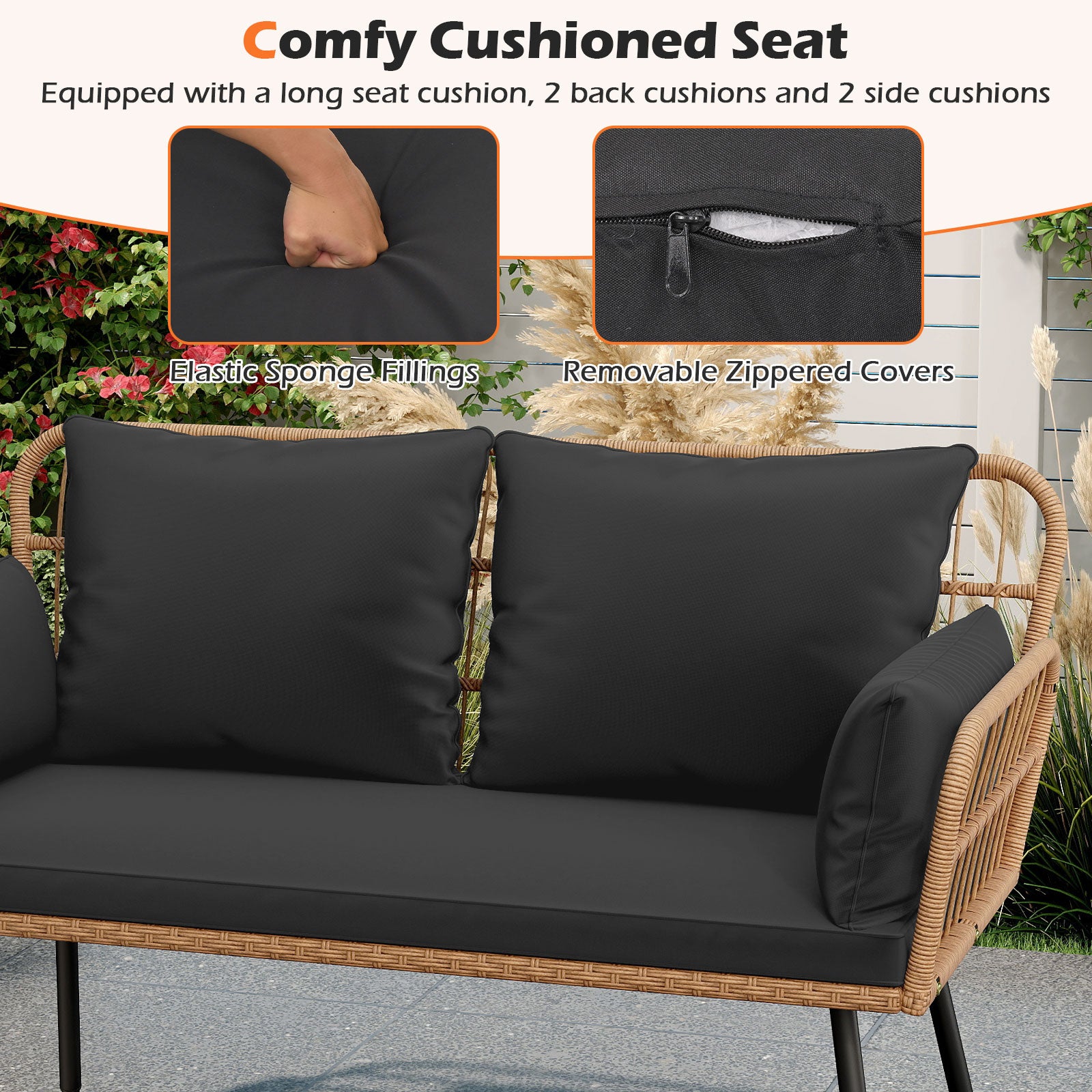 Outdoor Rattan 2-Seat Chair with Seat Back Cushions and Heavy-Duty Metal Legs, Black Outdoor Chaise Lounges at Gallery Canada