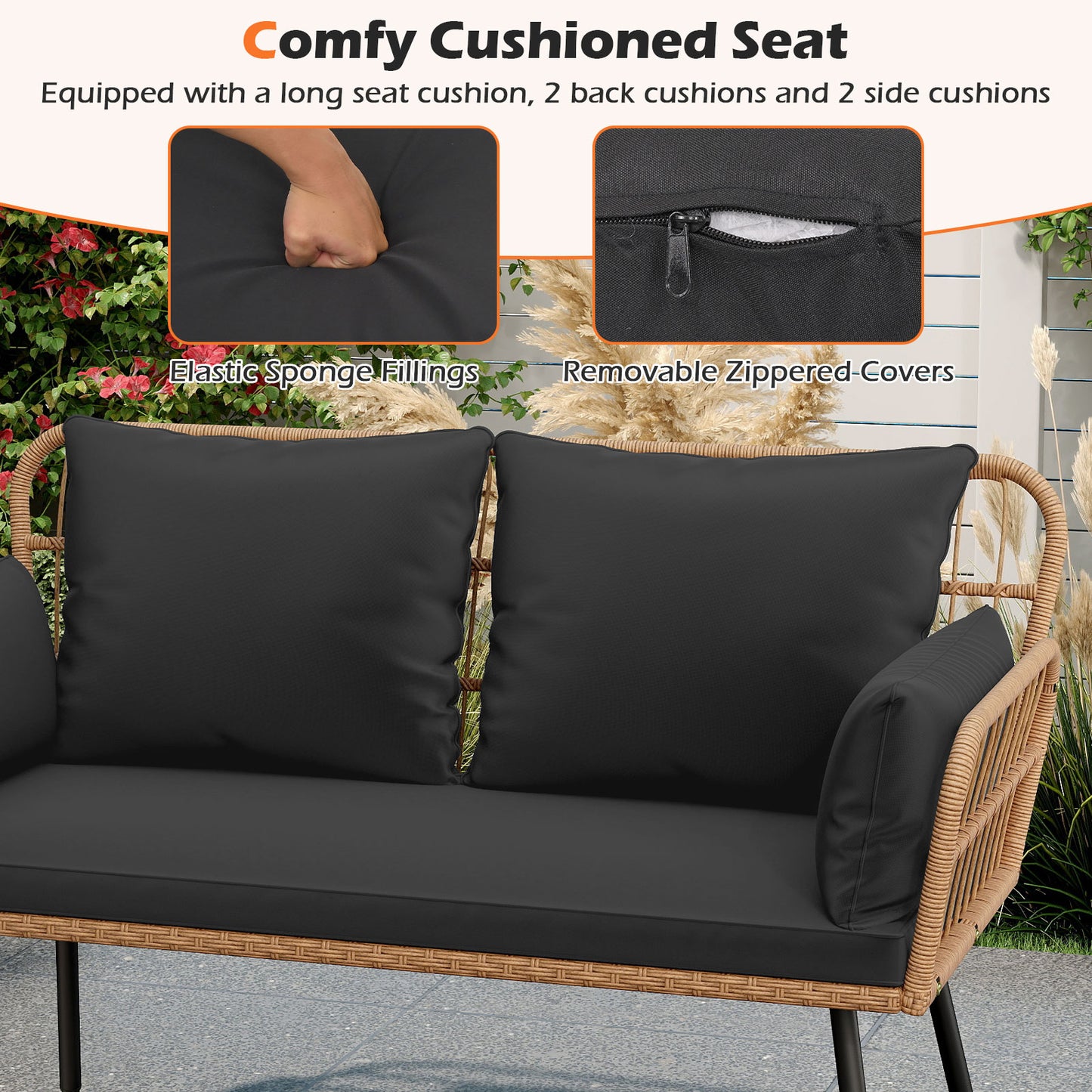Outdoor Rattan 2-Seat Chair with Seat Back Cushions and Heavy-Duty Metal Legs, Black Outdoor Chaise Lounges at Gallery Canada