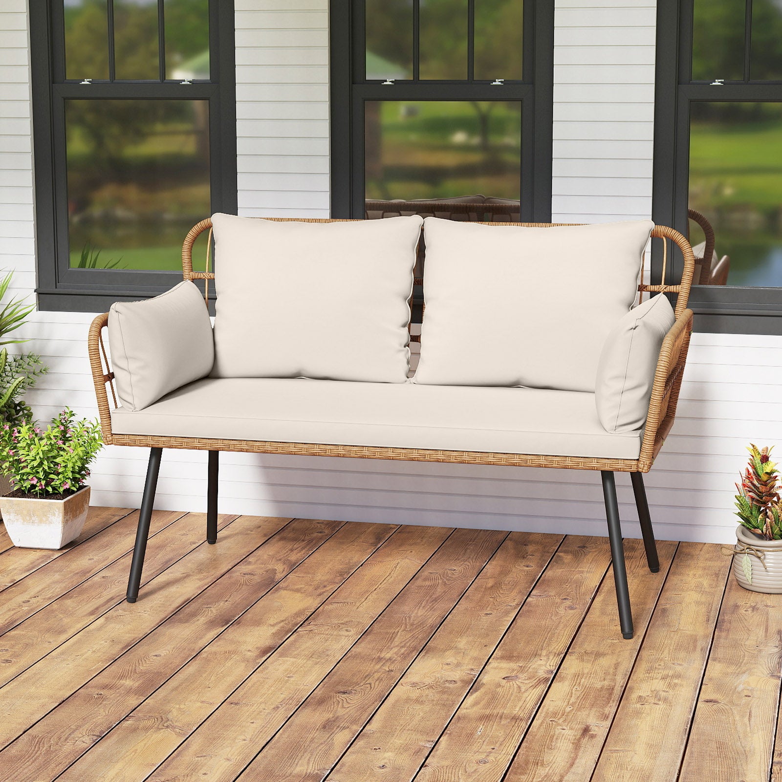 Outdoor Rattan 2-Seat Chair with Seat Back Cushions and Heavy-Duty Metal Legs, Off White Outdoor Chaise Lounges at Gallery Canada