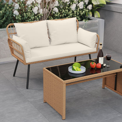 Outdoor Rattan 2-Seat Chair with Seat Back Cushions and Heavy-Duty Metal Legs, Off White Outdoor Chaise Lounges at Gallery Canada