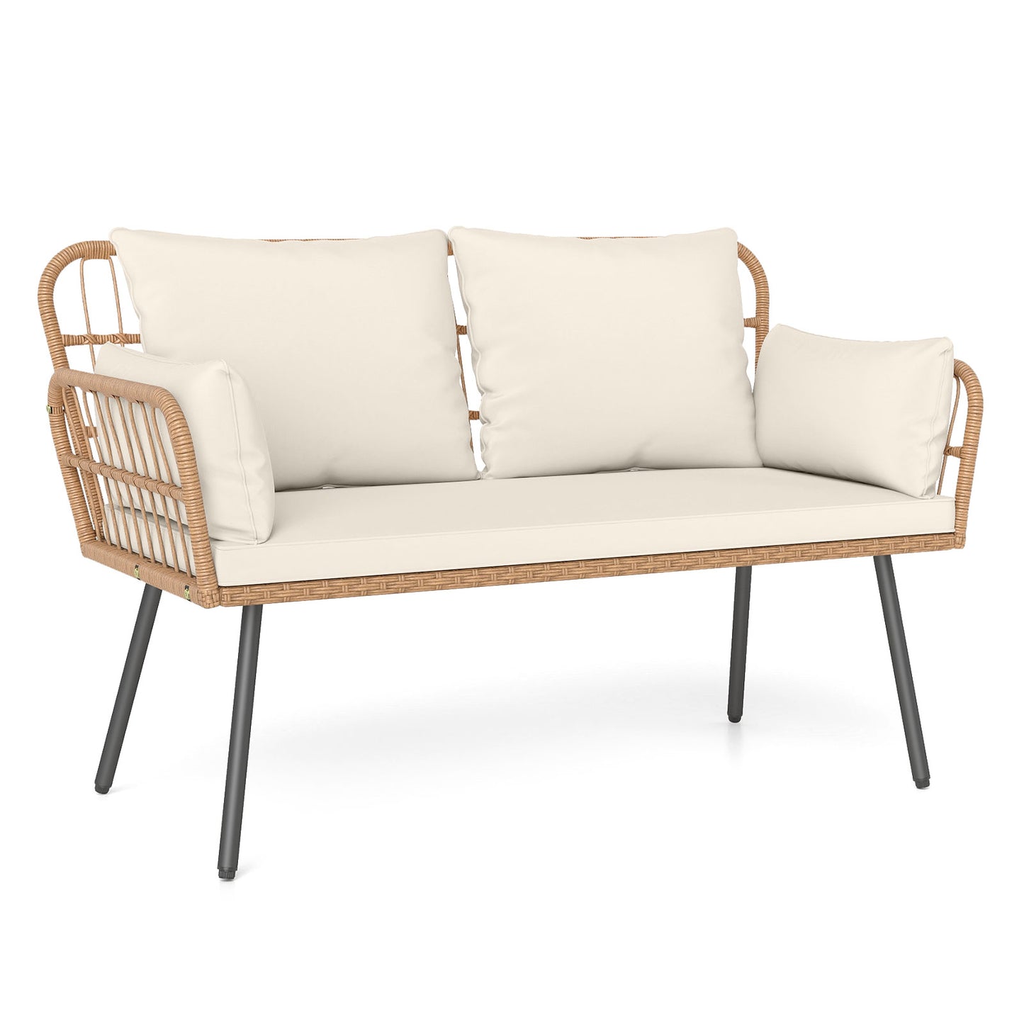 Outdoor Rattan 2-Seat Chair with Seat Back Cushions and Heavy-Duty Metal Legs, Off White Outdoor Chaise Lounges Off White at Gallery Canada