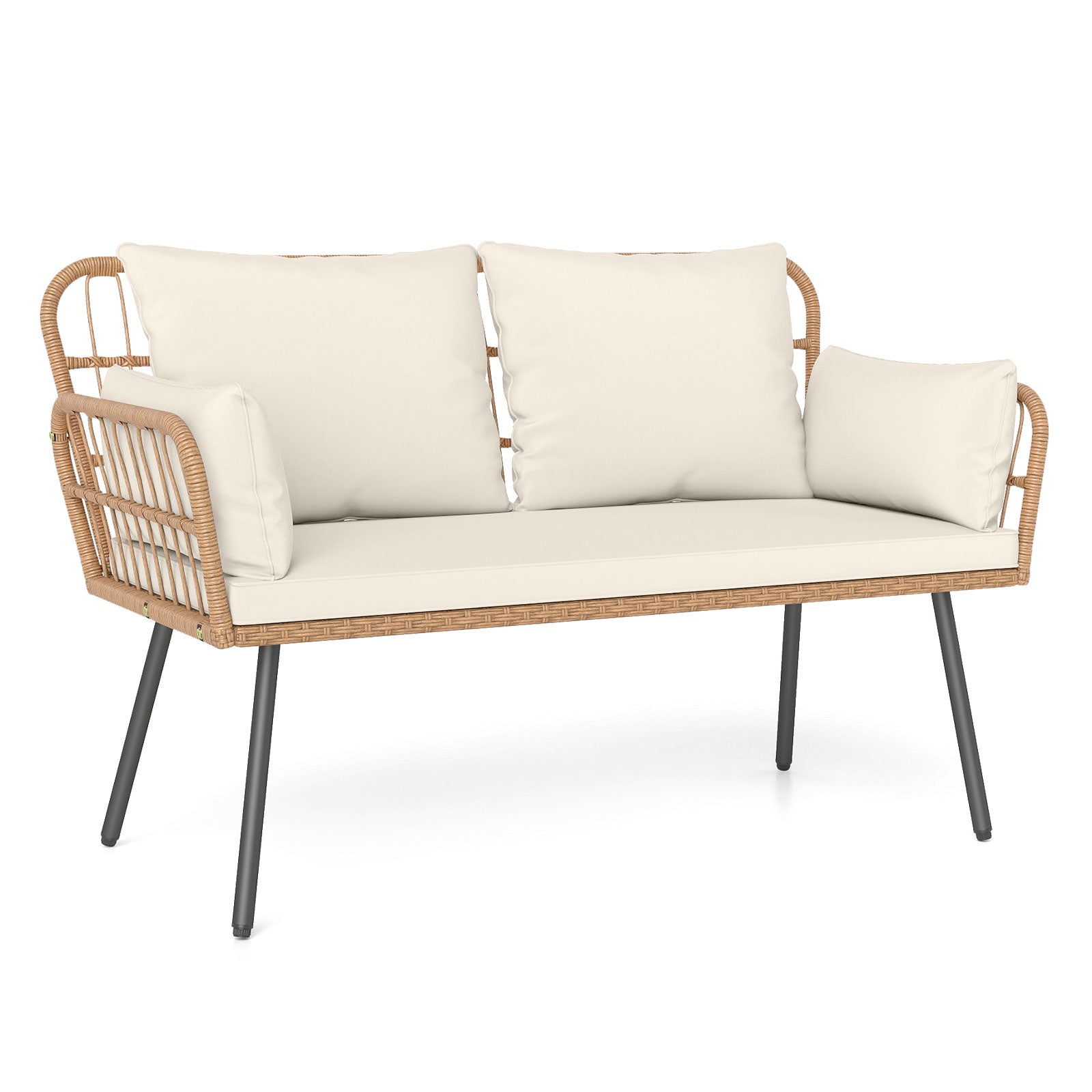 Outdoor Rattan 2-Seat Chair with Seat Back Cushions and Heavy-Duty Metal Legs, Off White Outdoor Chaise Lounges Off White at Gallery Canada