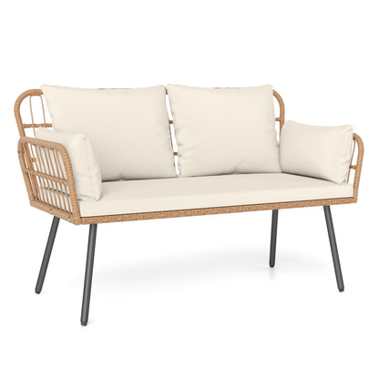 Outdoor Rattan 2-Seat Chair with Seat Back Cushions and Heavy-Duty Metal Legs, Off White Outdoor Chaise Lounges Off White at Gallery Canada